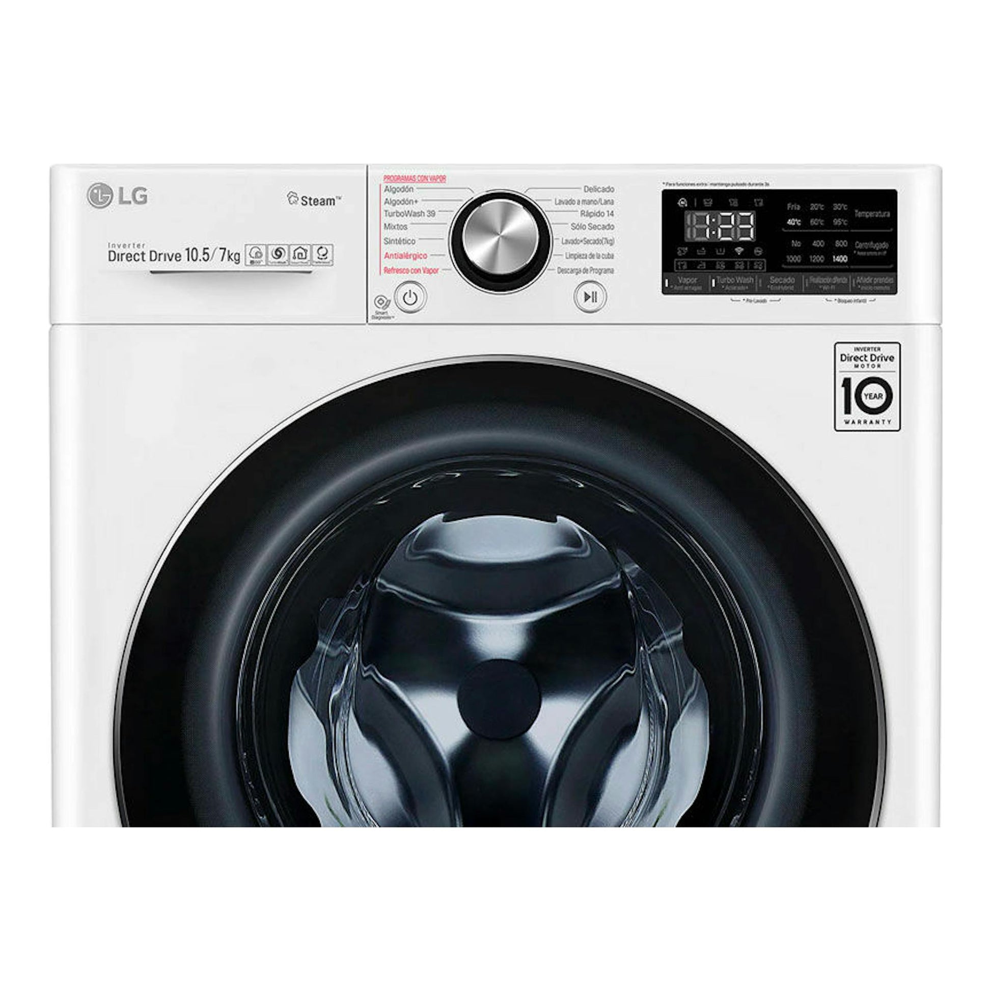 Lavasecadora LG F4DV7510S2W blanca, vista frontal, con puerta circular negra y panel digital.