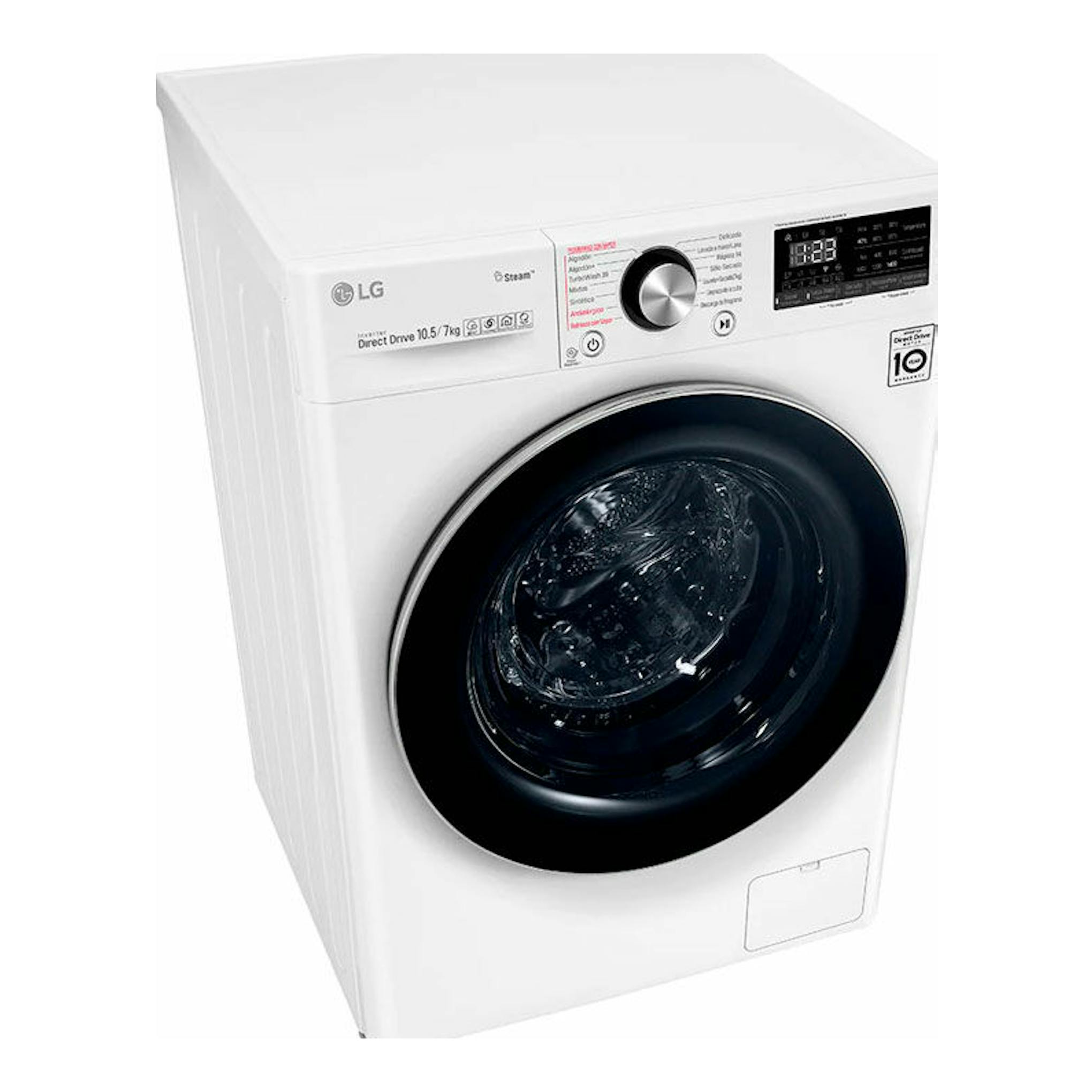 Lavasecadora LG F4DV7510S2W blanca, vista frontal en ángulo, con puerta negra y panel digital superior.
