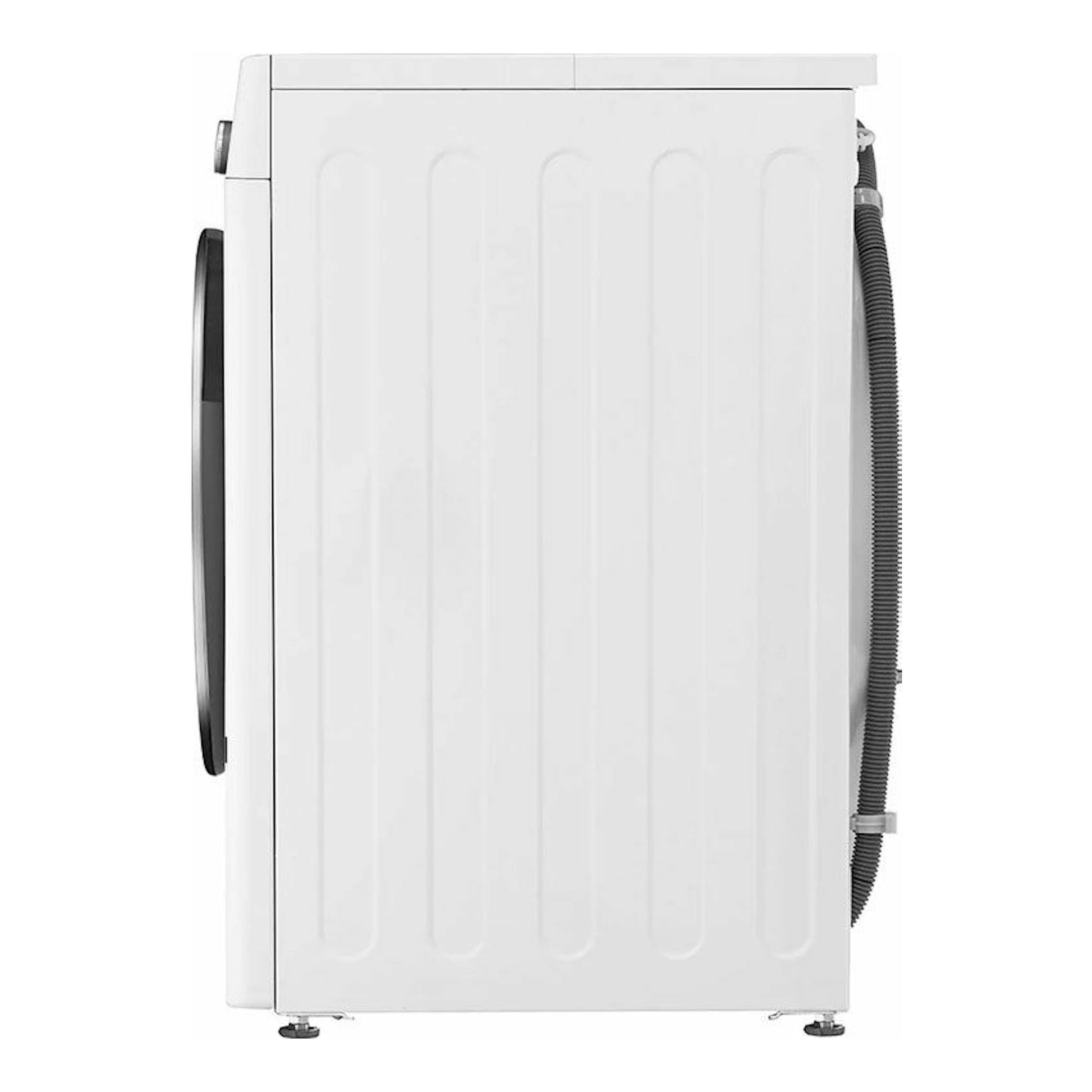 Lavasecadora LG F4DV7510S2W blanca, vista lateral, con puerta frontal negra y manguera trasera.