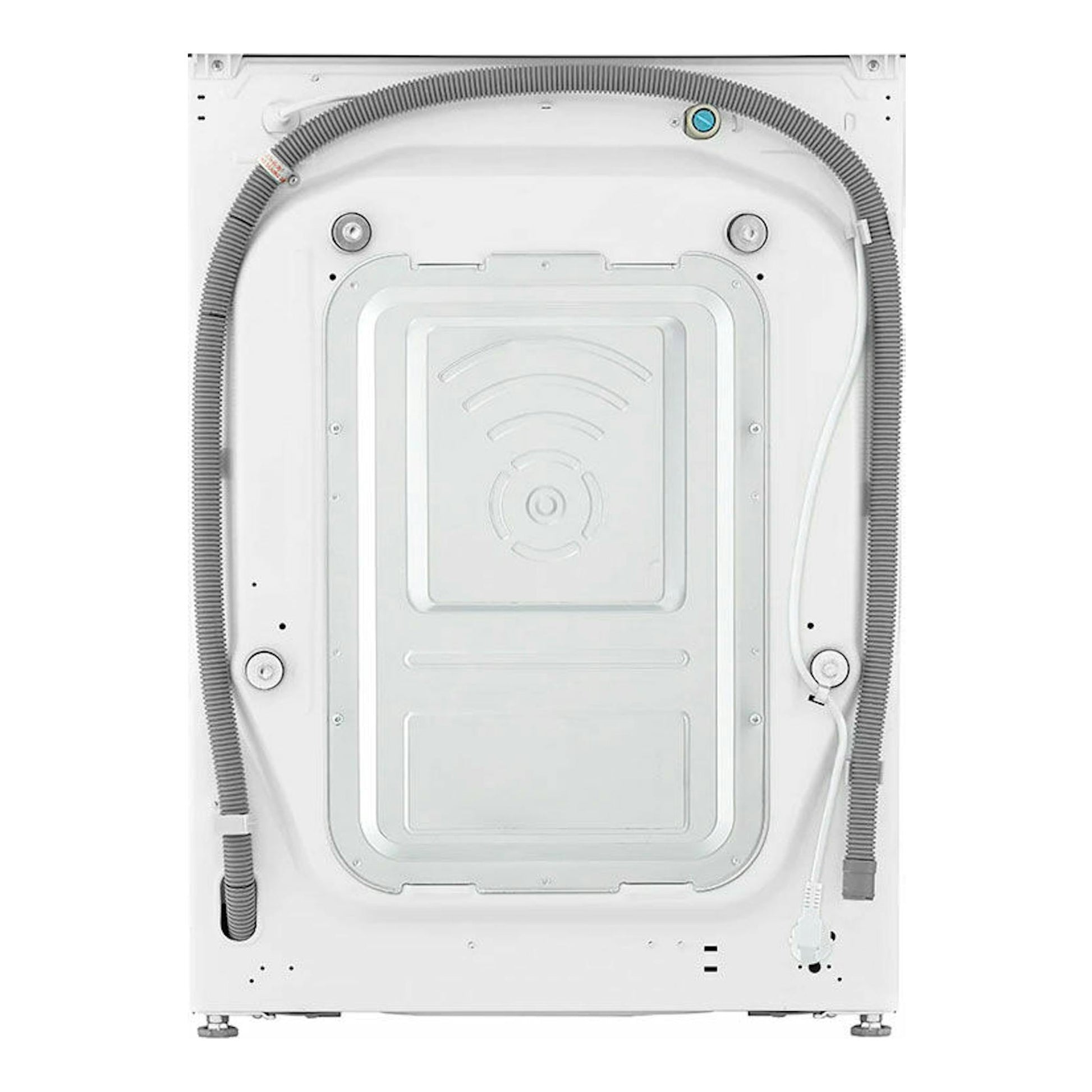 Lavasecadora LG F4DV7510S2W blanca, vista trasera con mangueras y panel metálico.