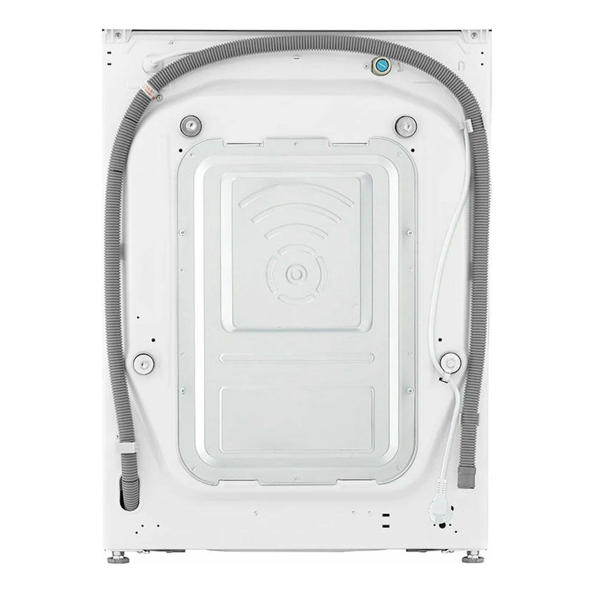 Lavasecadora LG F4DV7510S2W blanca, vista trasera con mangueras y panel metálico.