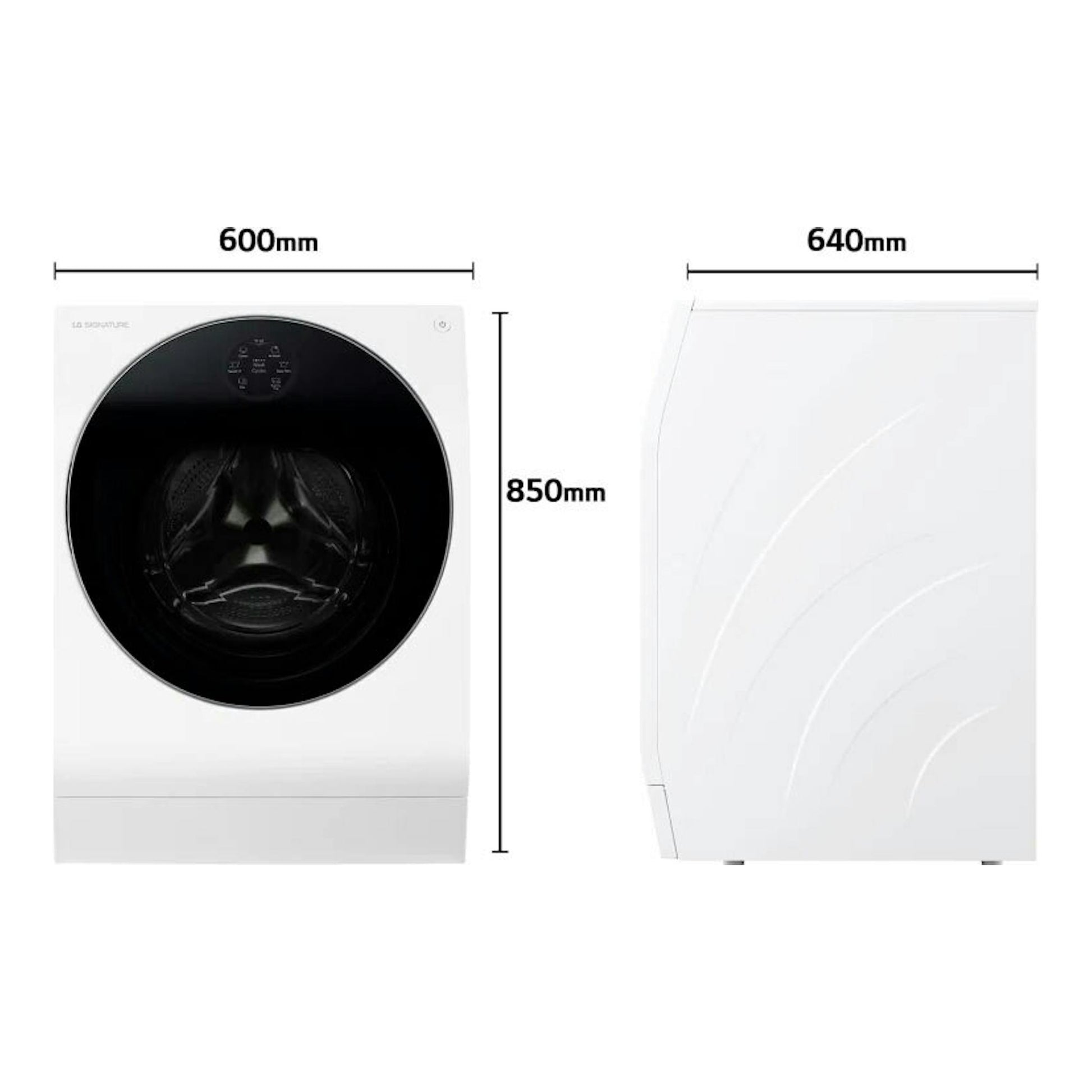LG LSWD100E lavasecadora blanca, vista frontal y lateral, con medidas 600 x 850 x 640 mm.