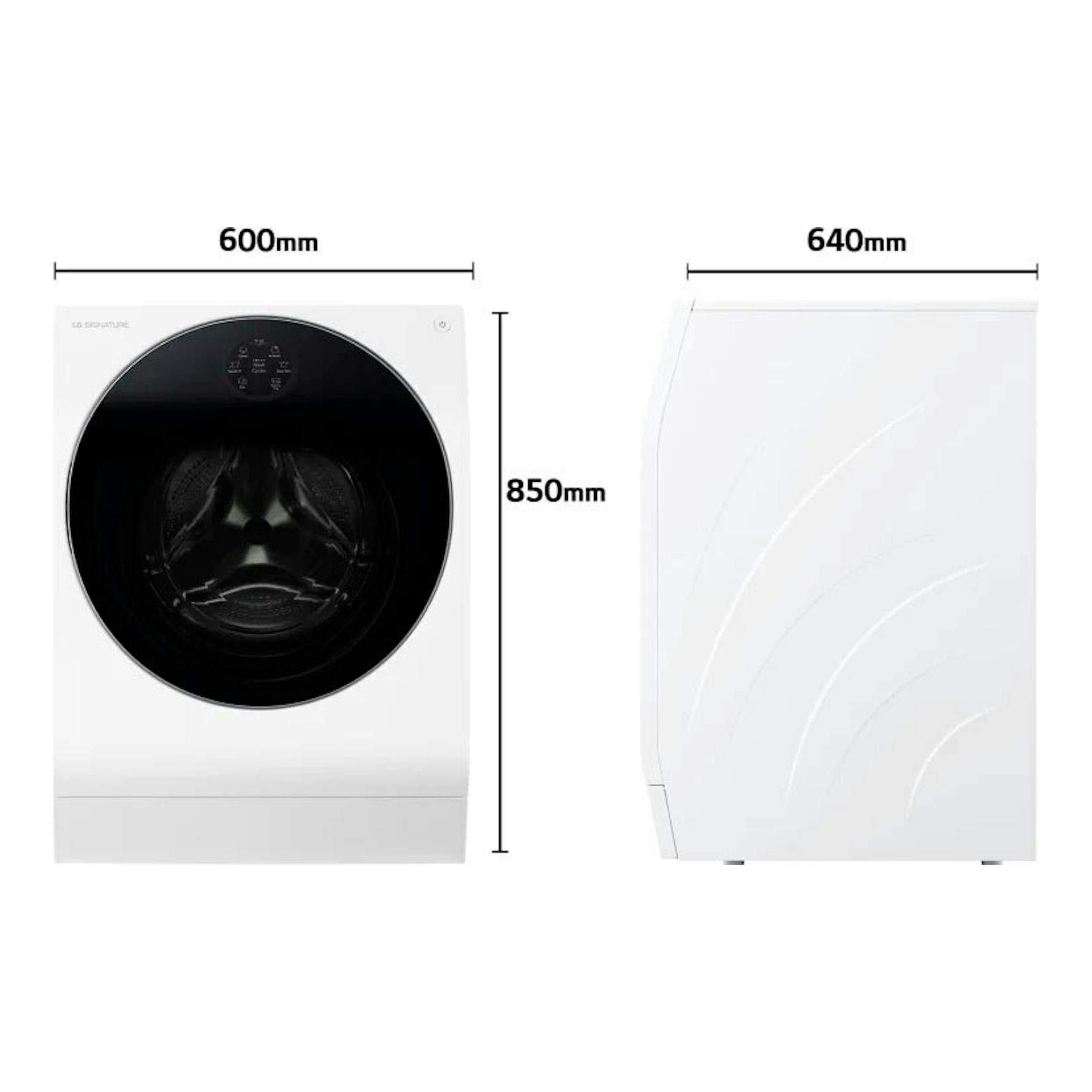 LG LSWD100E lavasecadora blanca, vista frontal y lateral, con medidas 600 x 850 x 640 mm.