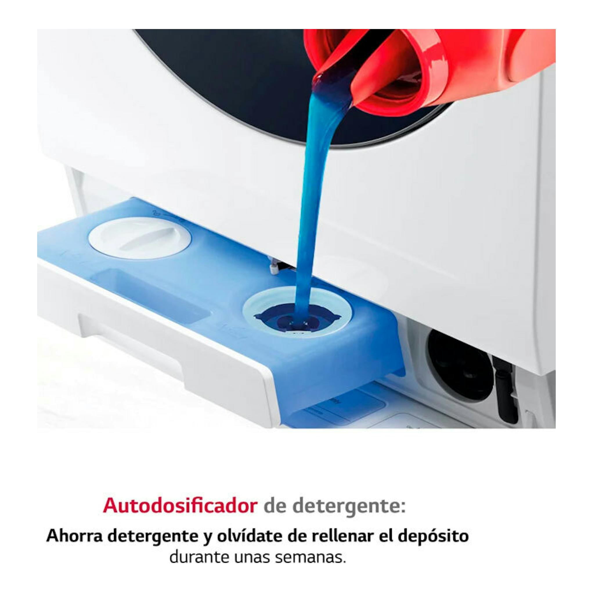 Lavasecadora LG LSWD100E blanca, vista parcial frontal, con cajón autodosificador azul y detergente azul vertiéndose.