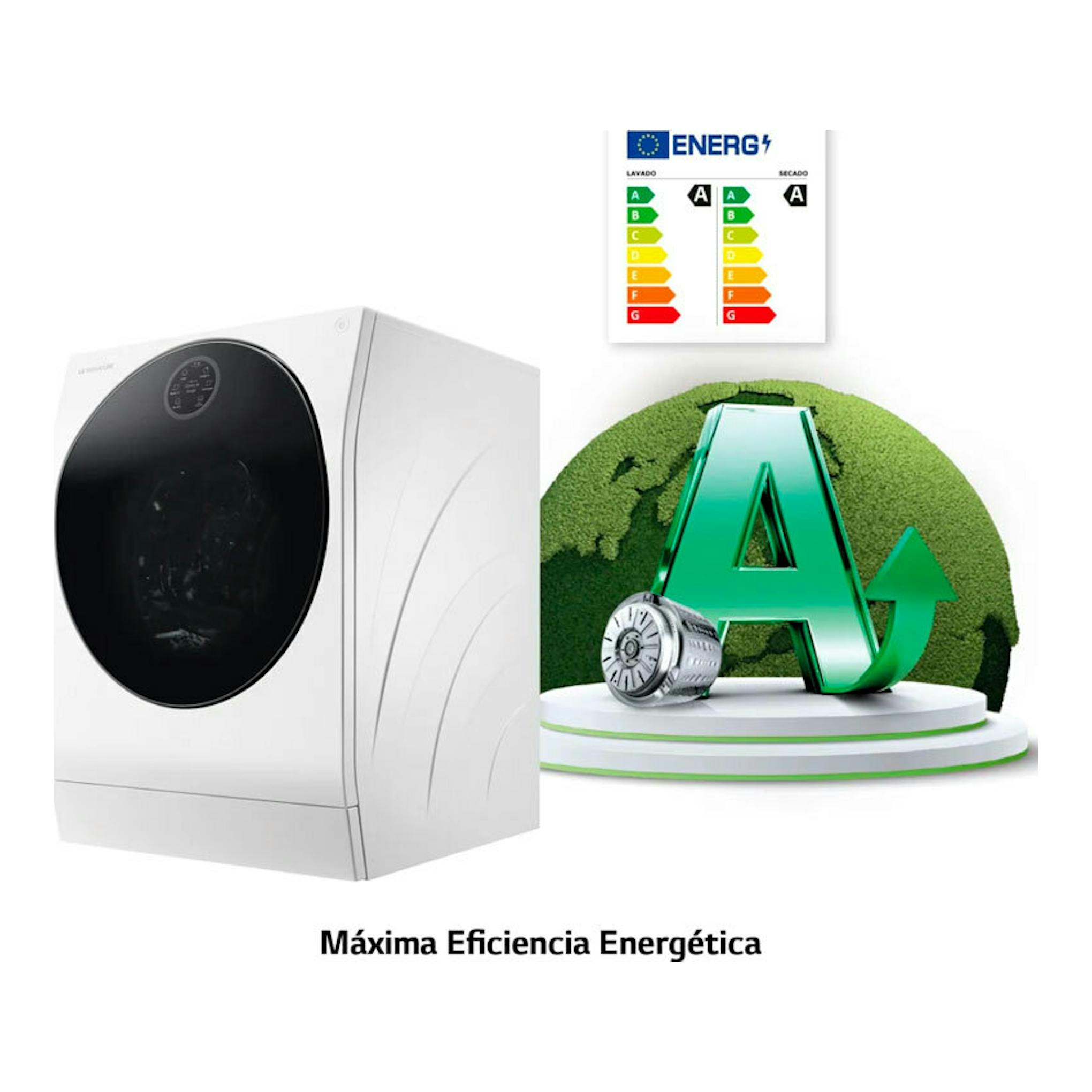 Lavasecadora LG LSWD100E de 12 kg, blanca, vista frontal en ángulo, con etiqueta energética A.