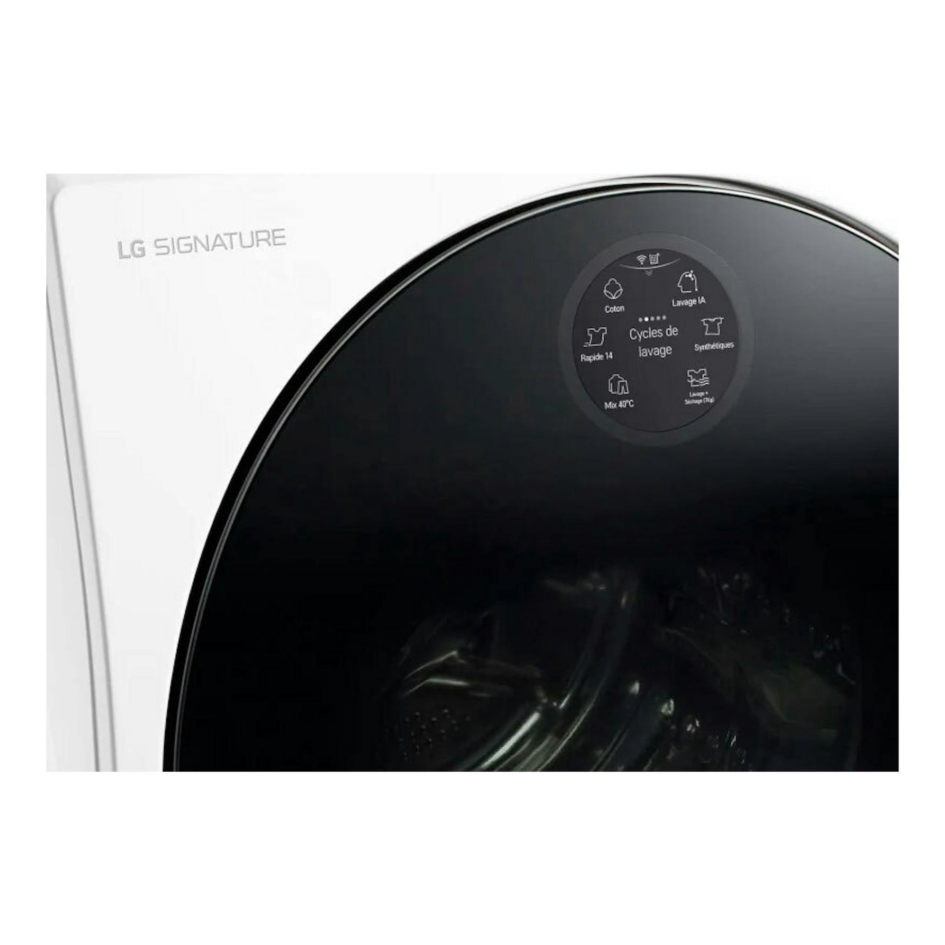 Lavasecadora LG Signature LSWD100E blanca, vista frontal, con puerta negra circular.