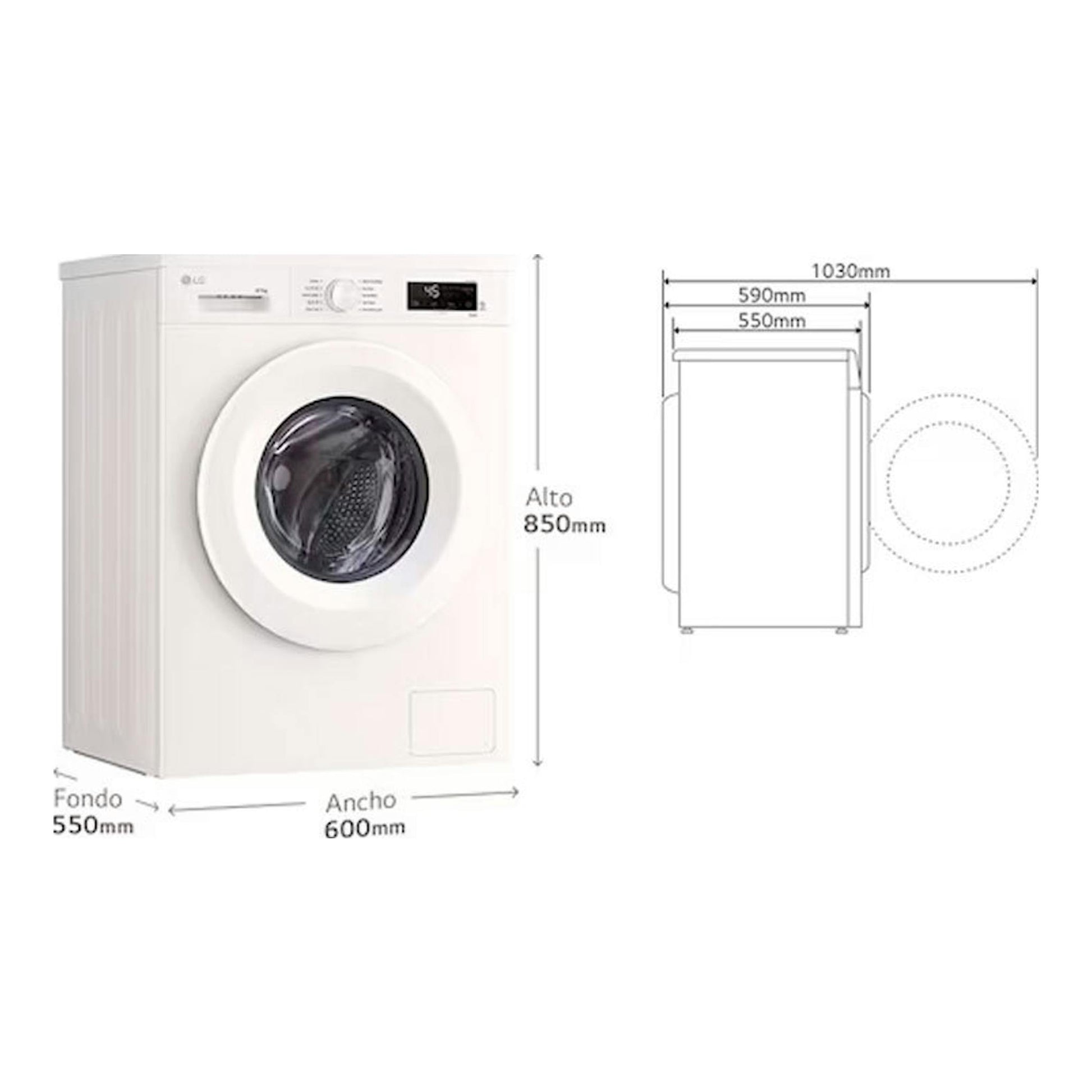 Lavasecadora LG W4X1085NWH blanca, vista frontal y lateral con medidas 850 x 600 x 550 mm.
