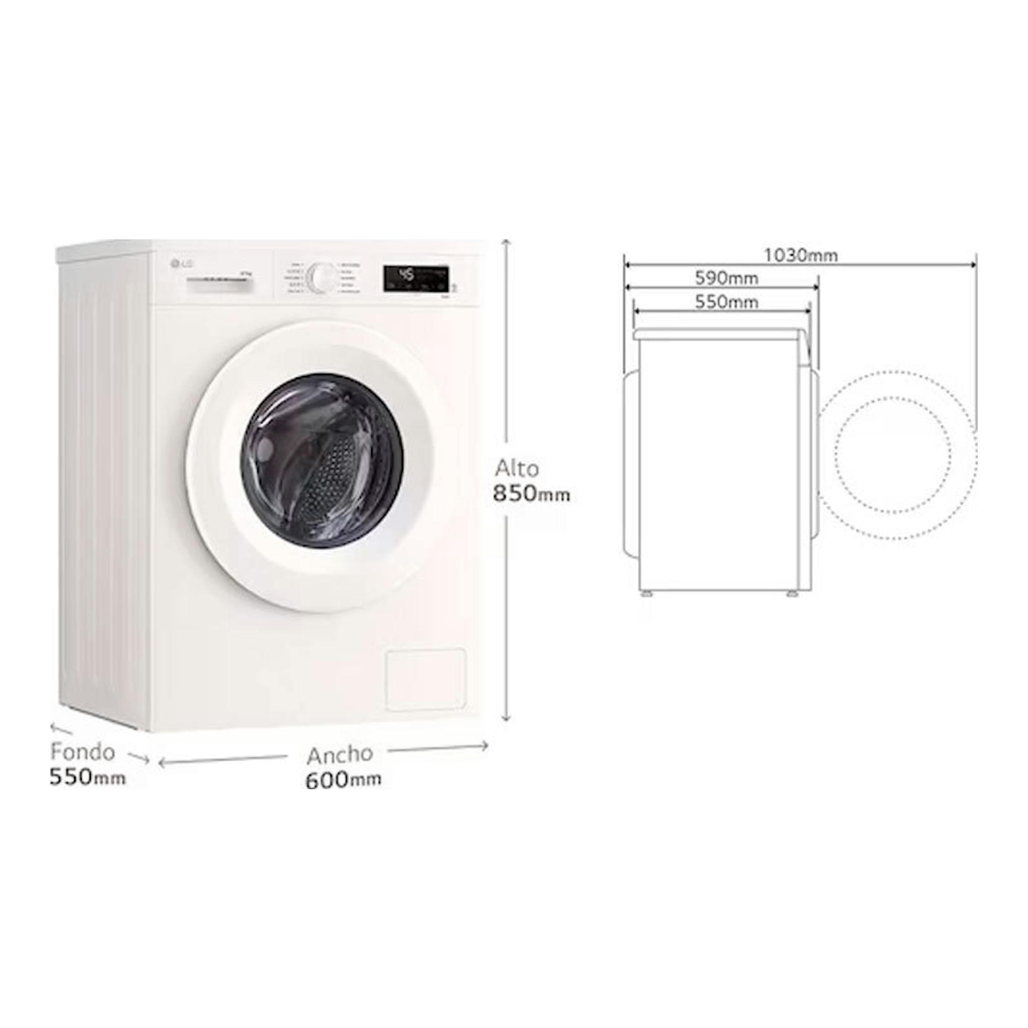 Lavasecadora LG W4X1085NWH blanca, vista frontal y lateral con medidas 850 x 600 x 550 mm.