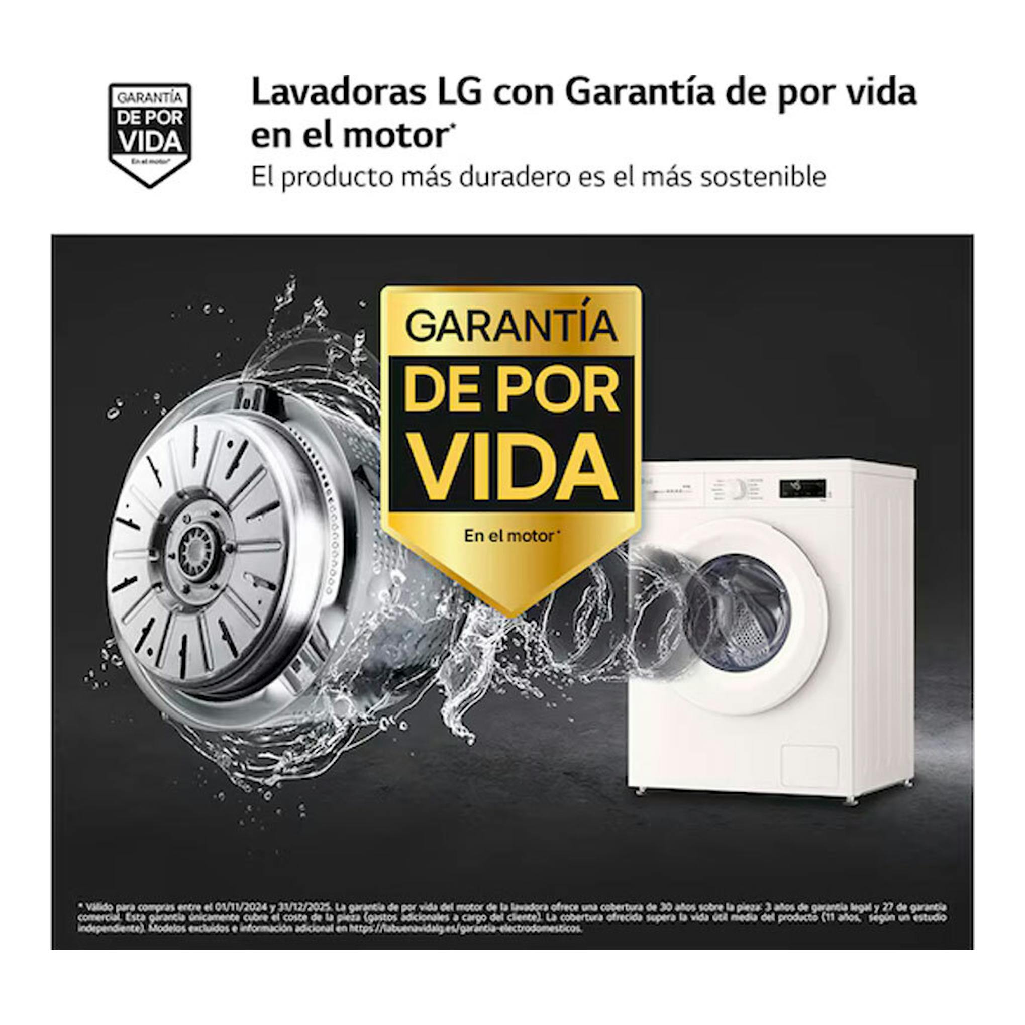Anuncio de lavadora LG blanca en vista frontal, con motor y sello de garantía de por vida.