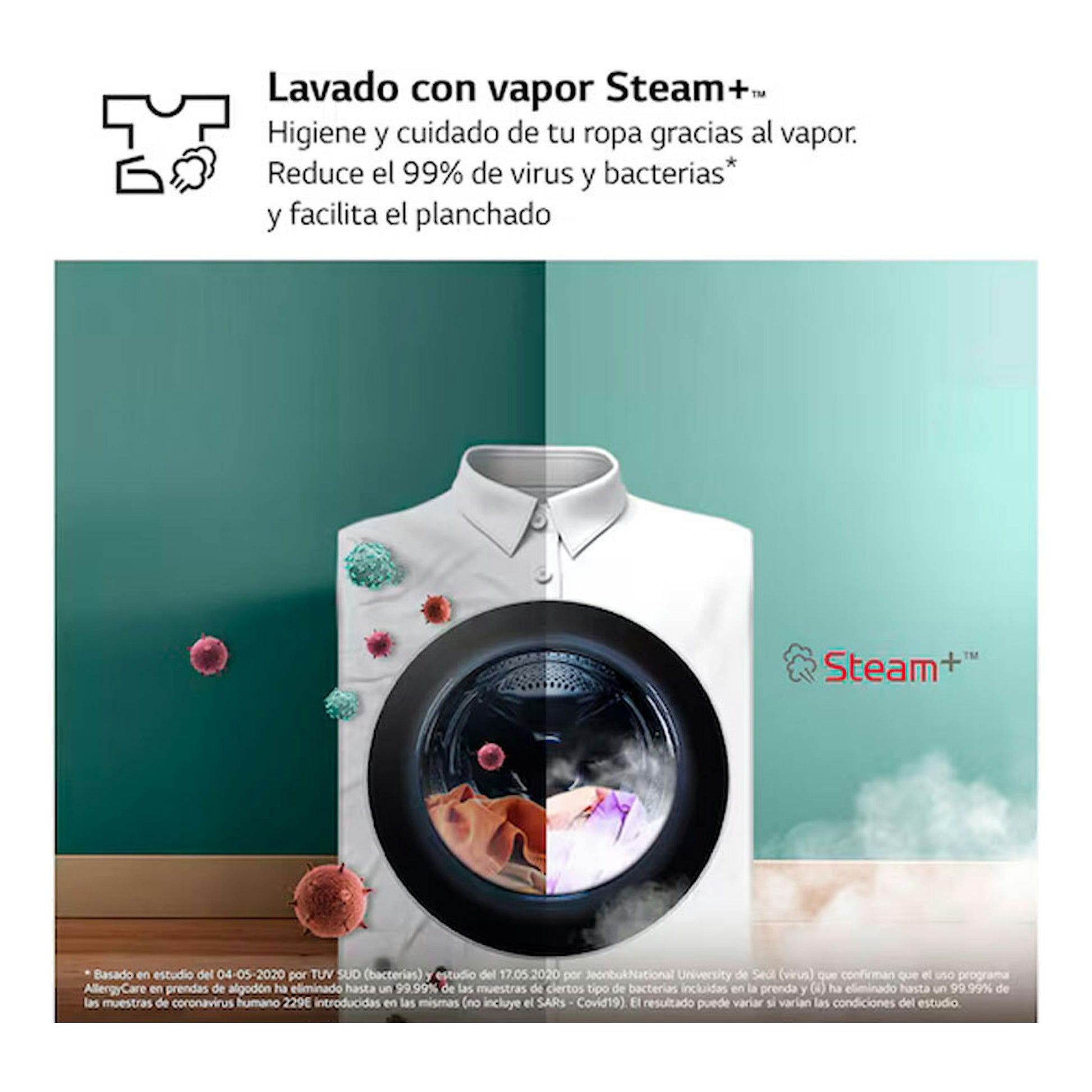 Lavasecadora LG W4X1085NWH blanca, vista frontal, con gráfico Steam+ y una camisa dentro del tambor.