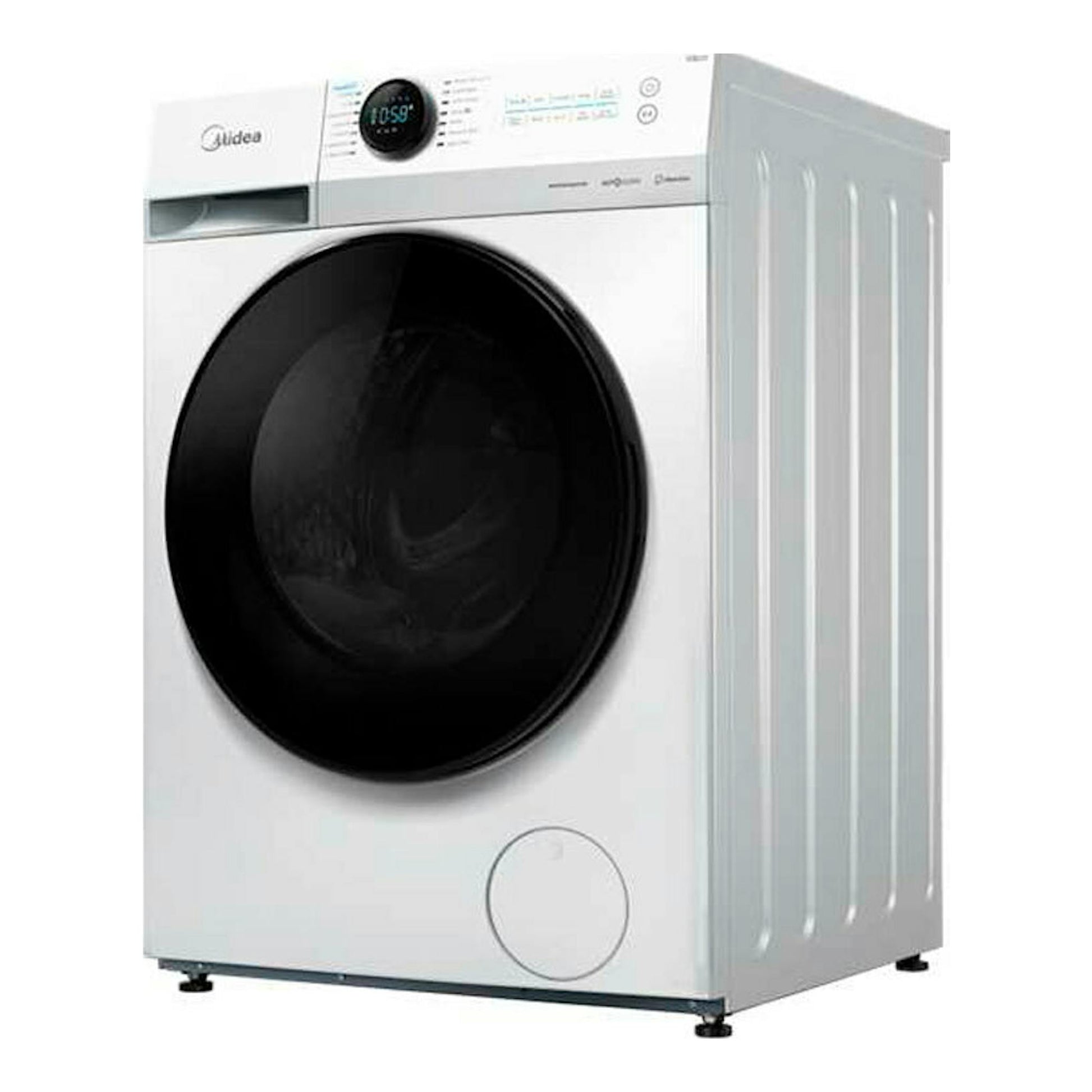Lavasecadora Midea MF200D80WBW-ES blanca, vista frontal en ángulo, con puerta negra circular y panel superior.