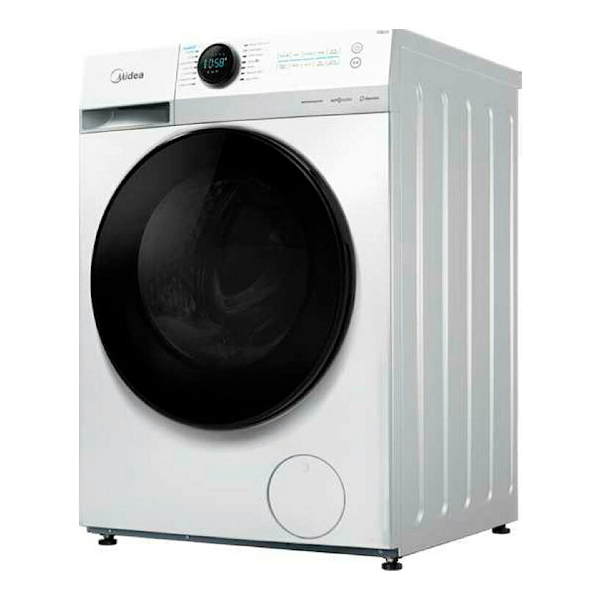 Lavasecadora Midea MF200D80WBW-ES blanca, vista frontal en ángulo, con puerta negra circular y panel superior.