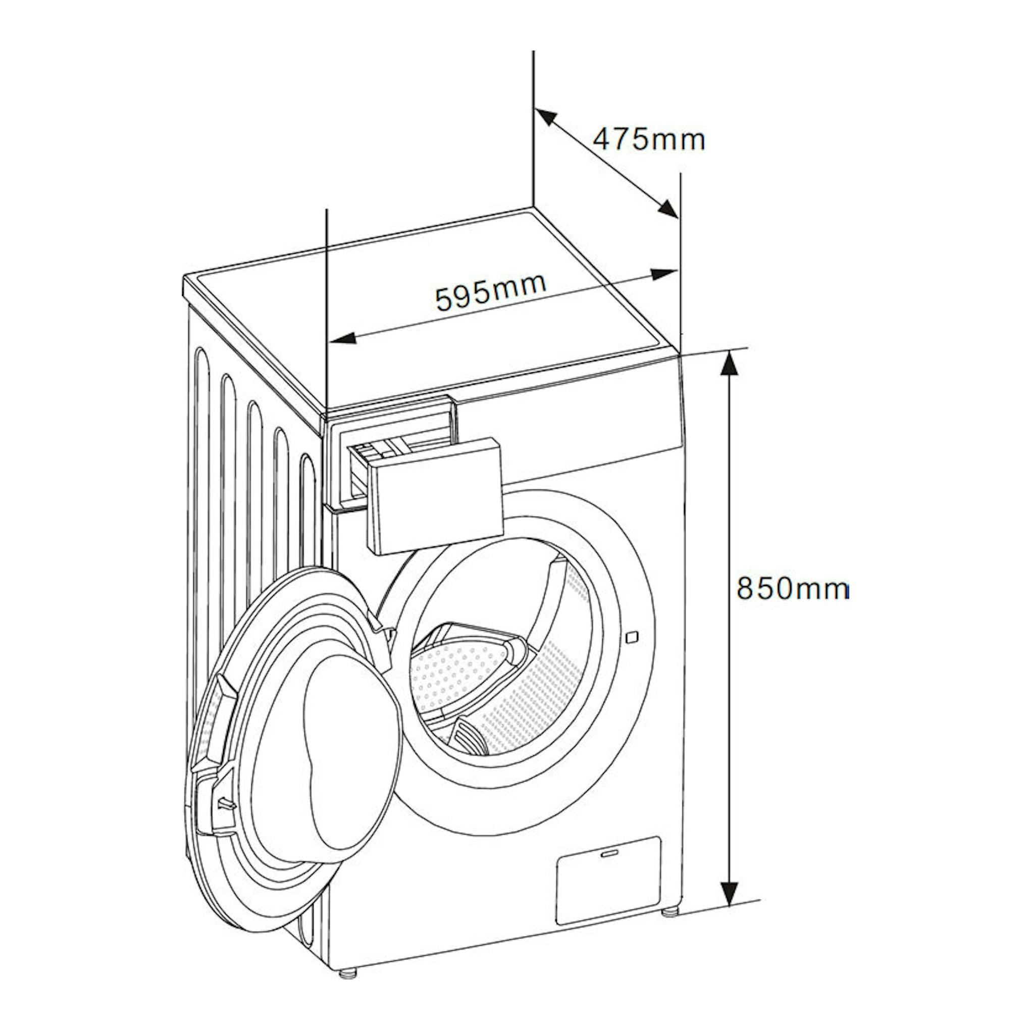 Lavasecadora Midea MF200D80WBW-ES en dibujo técnico, vista frontal inclinada, con medidas 595x475x850 mm.