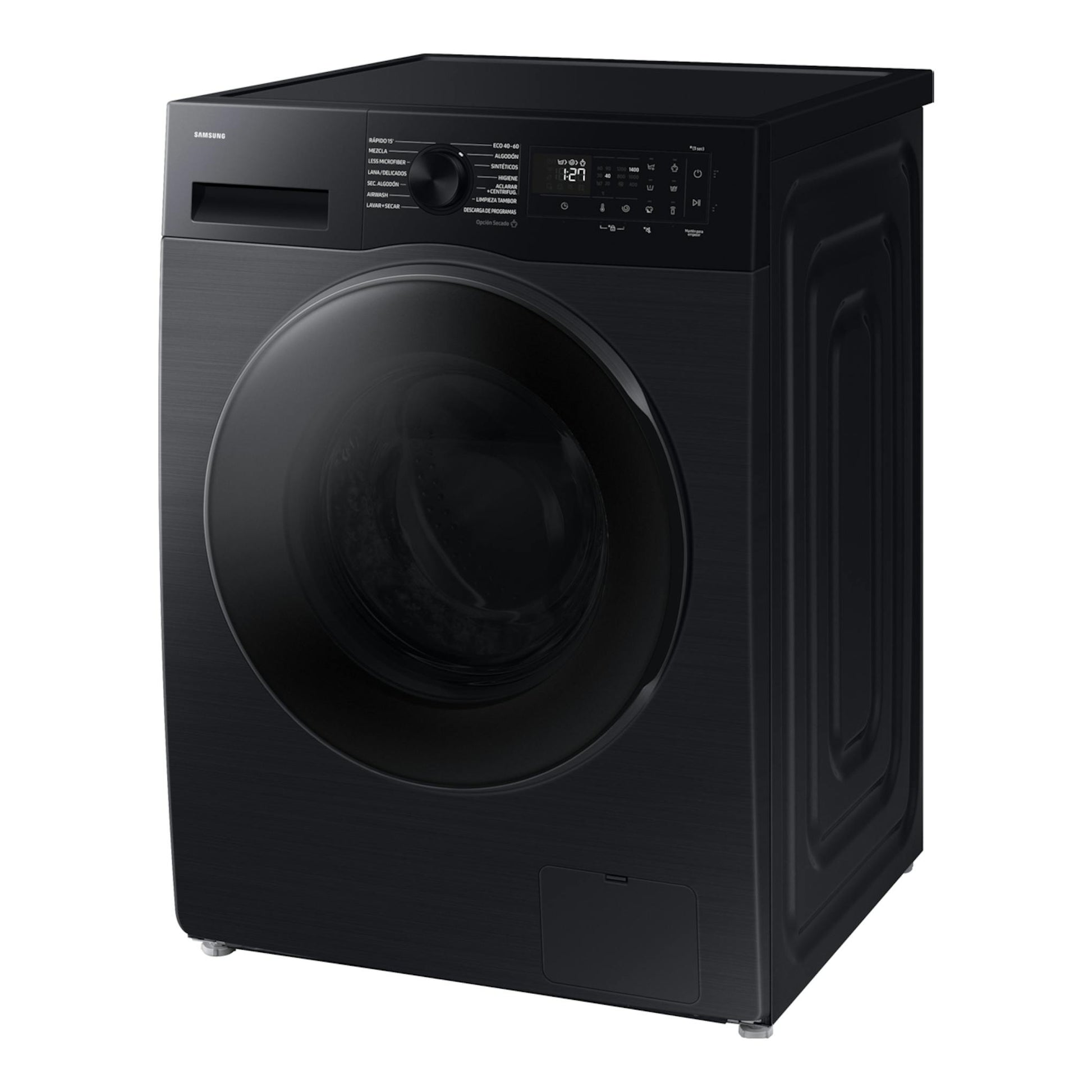 Lavasecadora Samsung WD11DG5B15BBEC negra, vista frontal en ángulo tres cuartos.