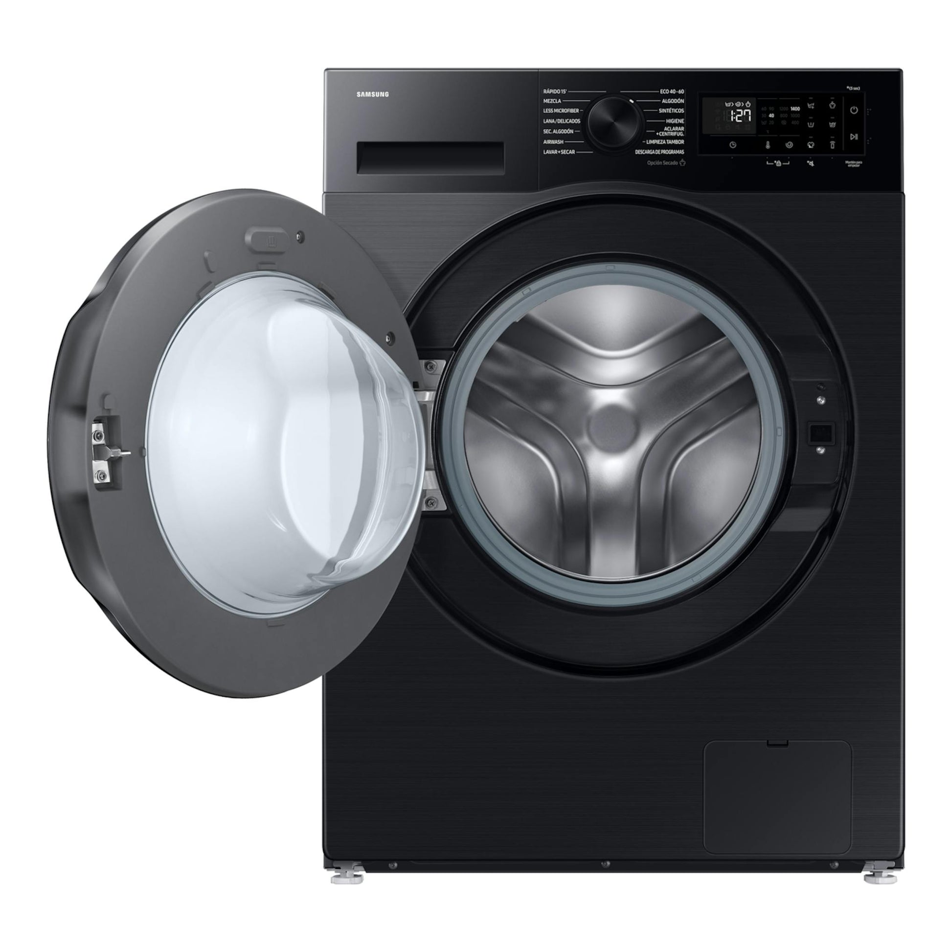 Lavasecadora Samsung WD11DG5B15BBEC negra, vista frontal, con puerta abierta y panel de control superior.