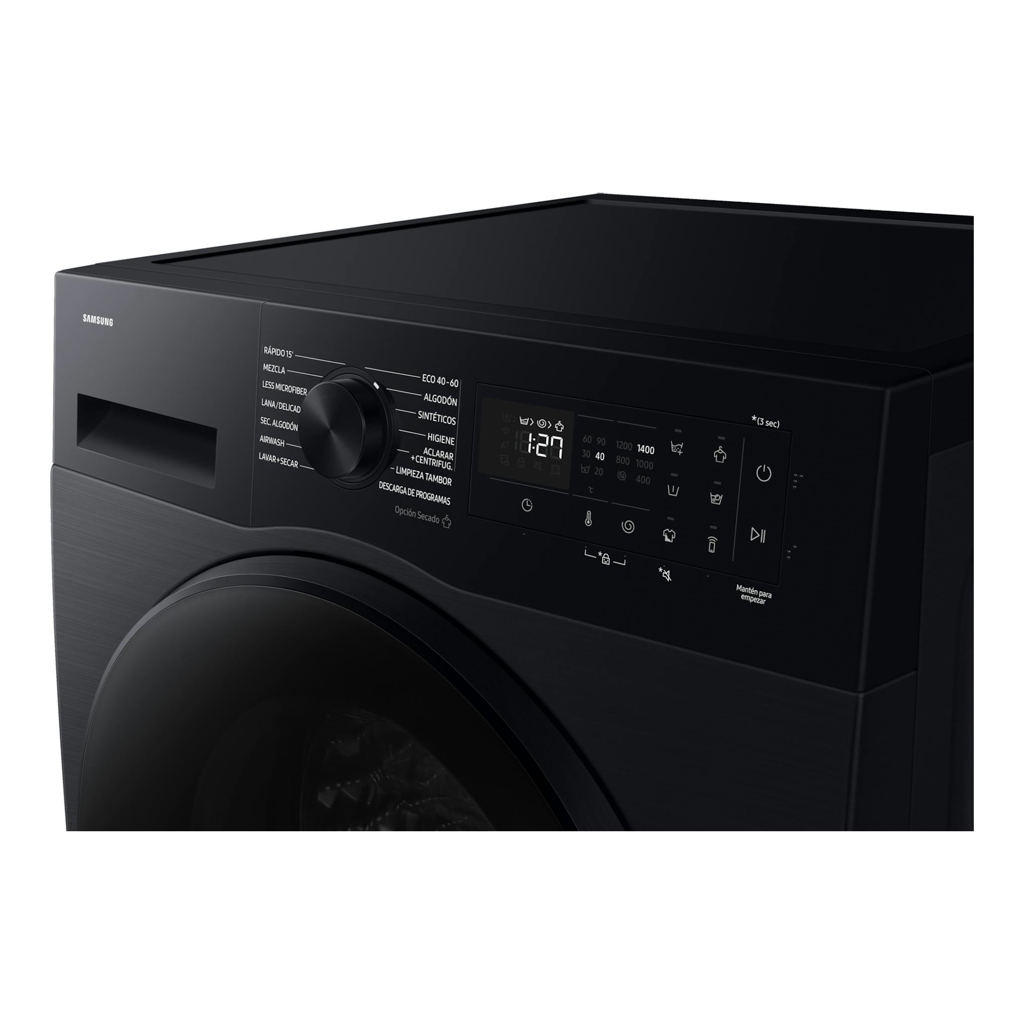 Lavasecadora Samsung WD11DG5B15BBEC negra, vista frontal en ángulo con panel digital y selector central.