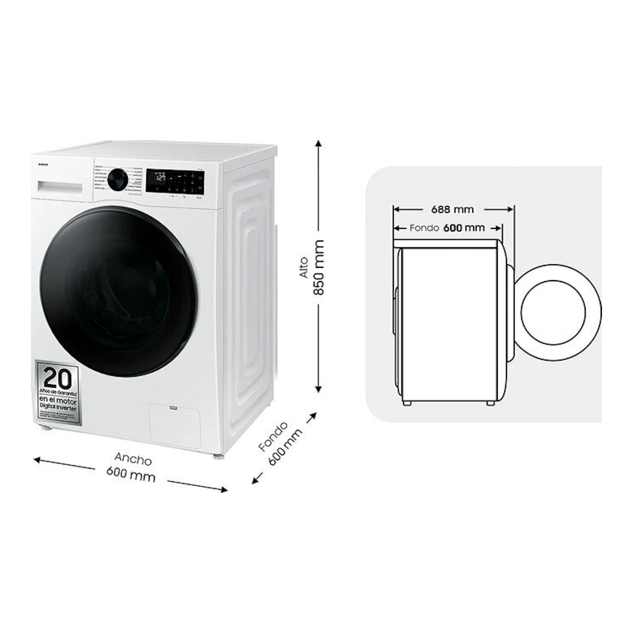 Lavasecadora Samsung WD11DG5B15BEEC blanca, vista frontal y lateral, con medidas 600 x 850 x 600 mm.