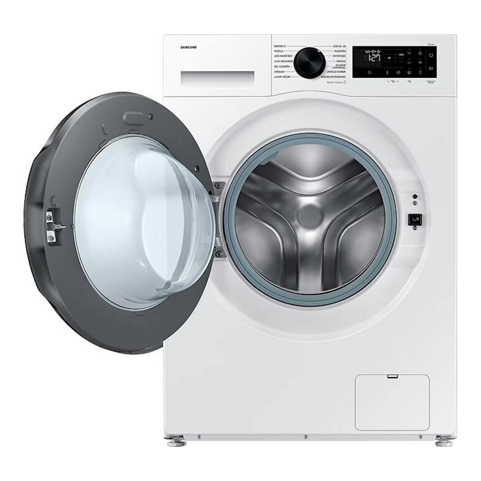 Lavasecadora Samsung WD11DG5B15BEEC blanca, vista frontal, con puerta abierta y tambor visible.