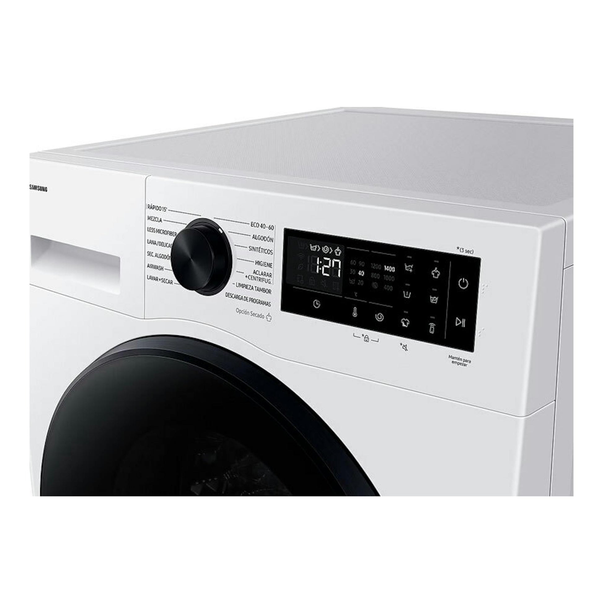 Lavasecadora Samsung WD11DG5B15BEEC blanca, vista frontal en ángulo, con puerta negra y panel digital.