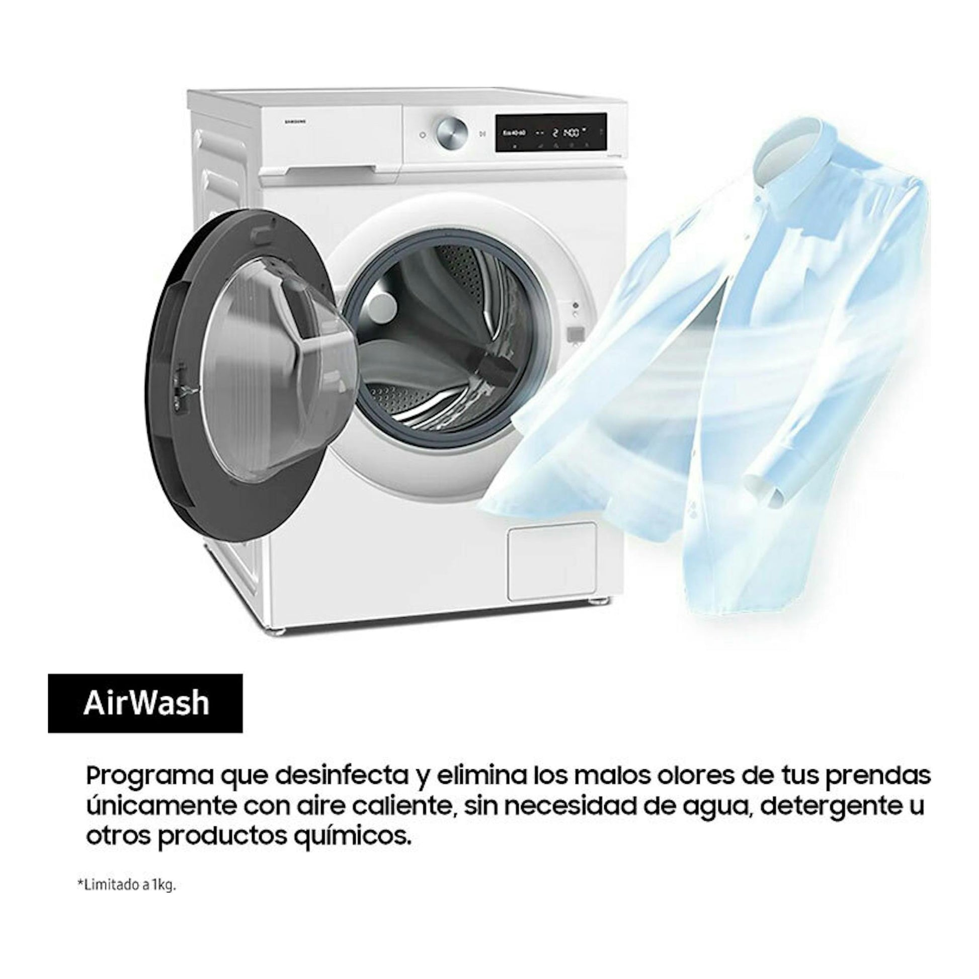 Lavasecadora Samsung WD11DG5B15BEEC blanca, vista frontal, con puerta abierta y camisa ilustrada al lado.