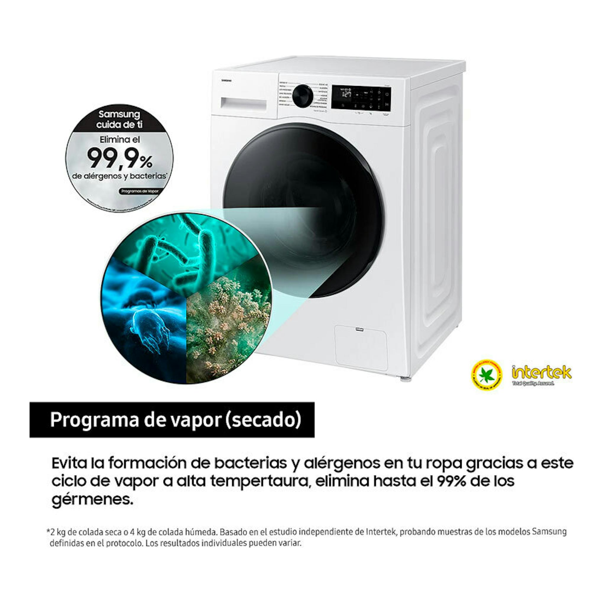 Lavasecadora Samsung WD11DG5B15BEEC blanca, vista frontal, con puerta negra y panel digital.