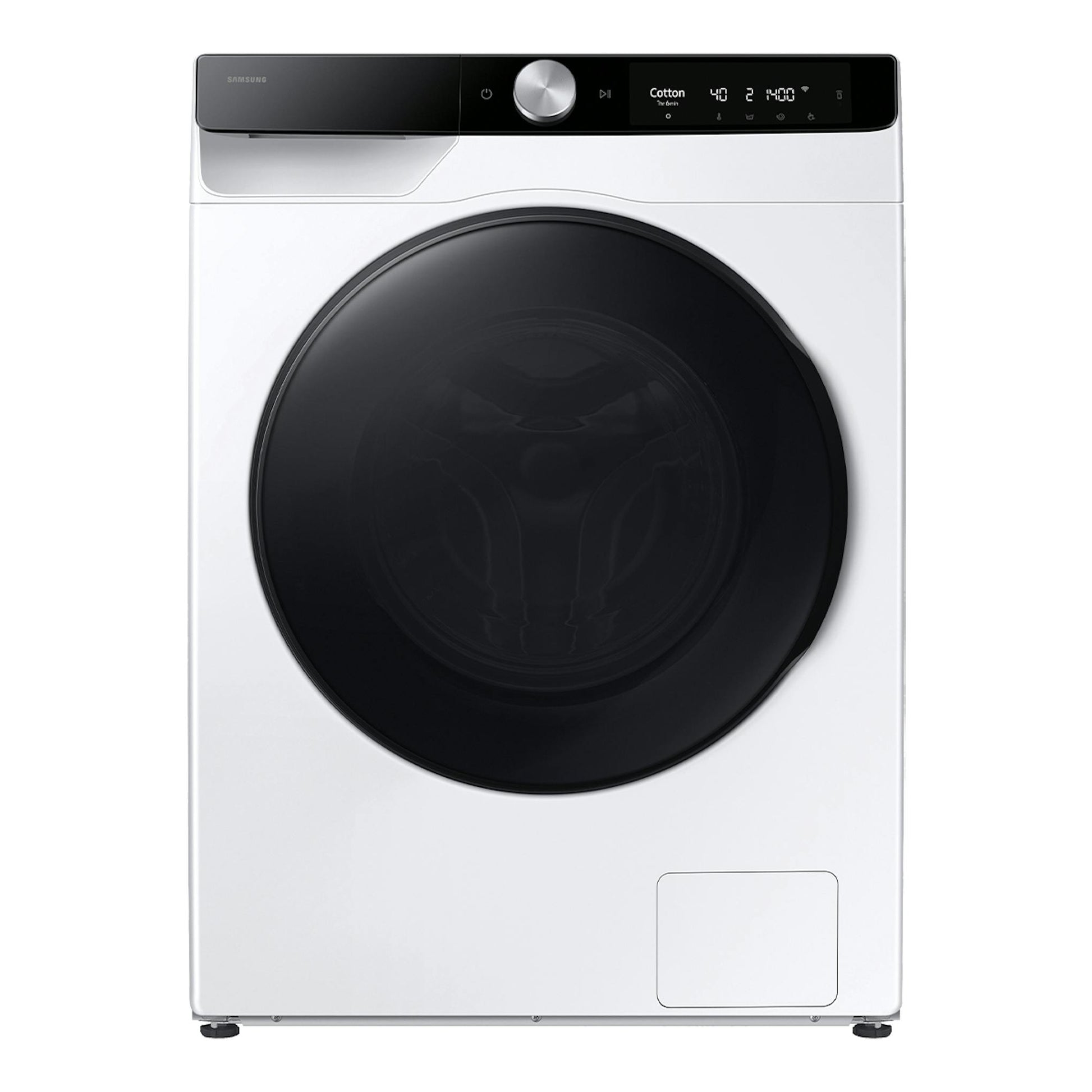 Lavasecadora Samsung WD11DG6B85BKU3 blanca, vista frontal, puerta negra circular y panel superior negro.