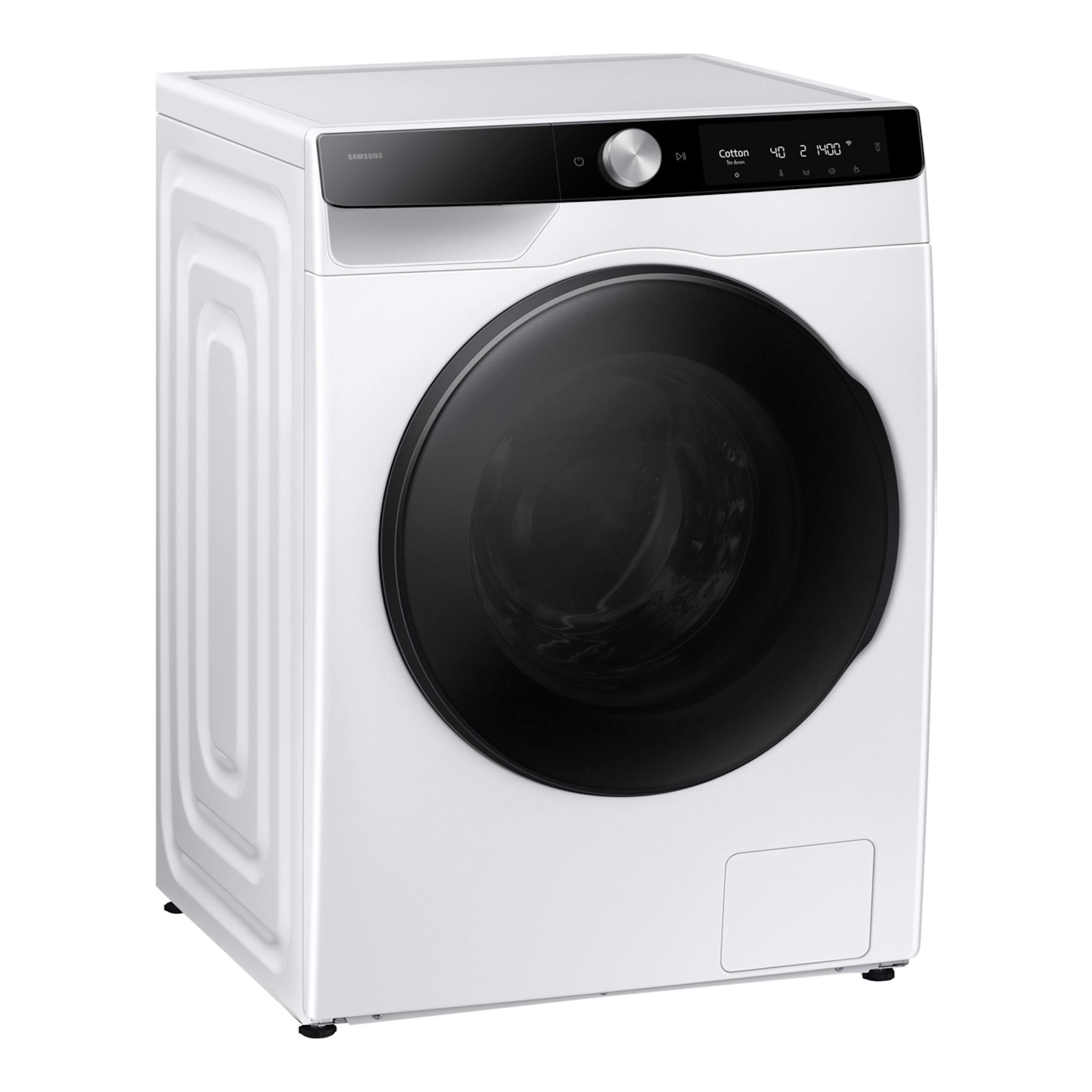 Lavasecadora Samsung WD11DG6B85BKU3 blanca, vista frontal en ángulo, con puerta negra y panel superior negro.