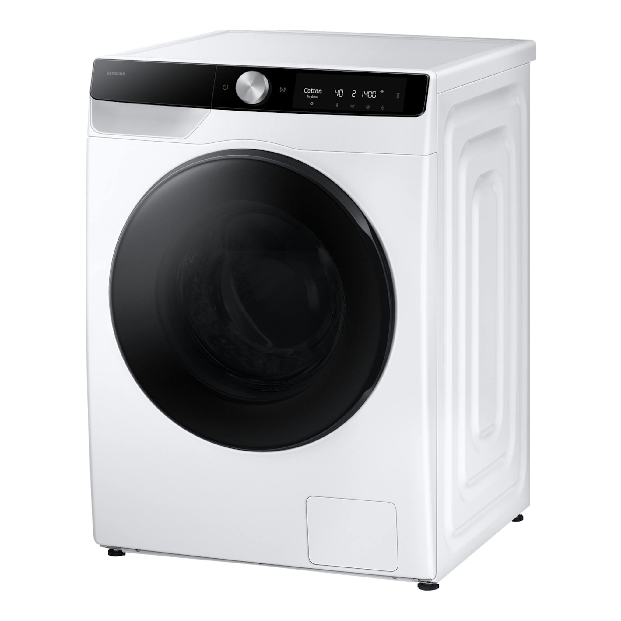 Lavasecadora Samsung WD11DG6B85BKU3 blanca, vista frontal en ángulo, puerta negra circular y panel superior digital.