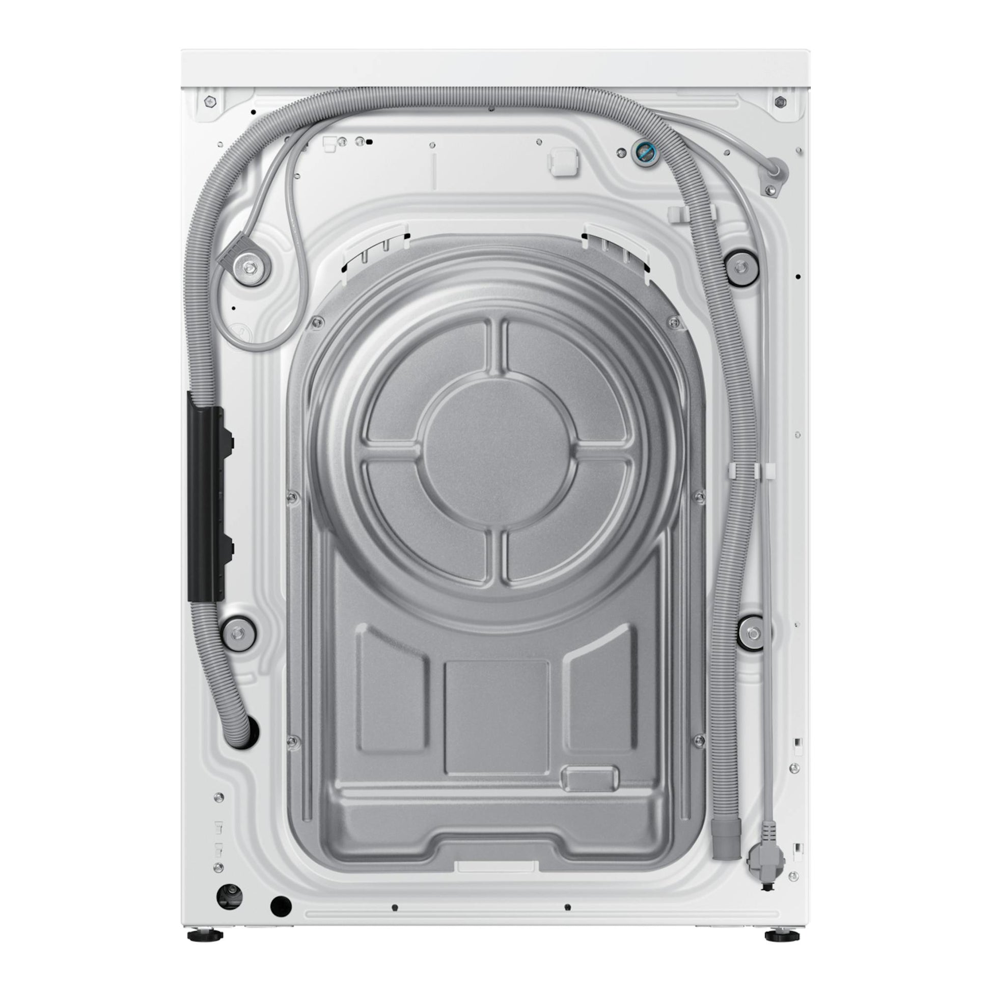 Lavasecadora Samsung WD11DG6B85BKU3, vista trasera blanca con panel metálico, mangueras y cables.