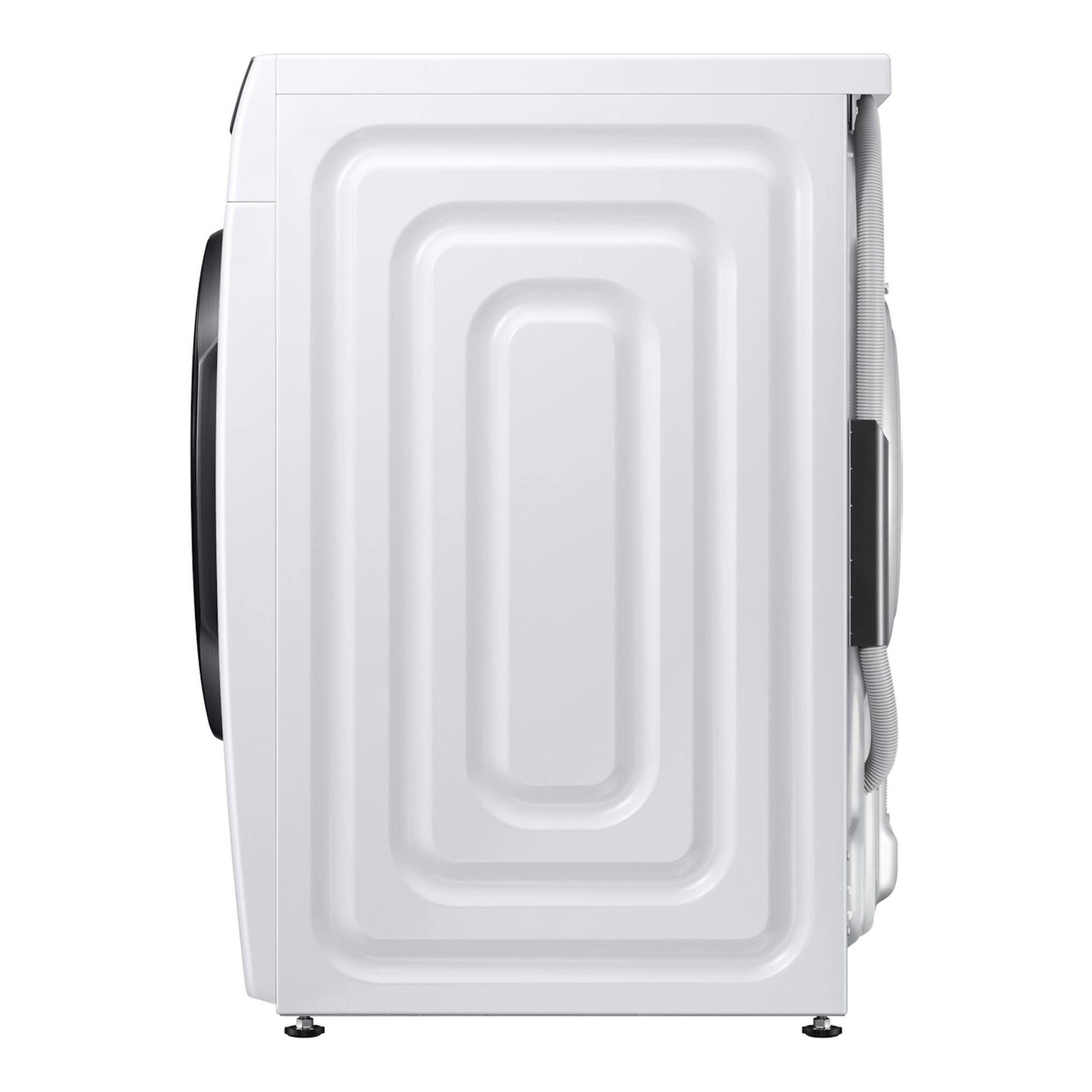 Lavasecadora Samsung WD11DG6B85BKU3 blanca, vista lateral, con panel frontal negro visible.