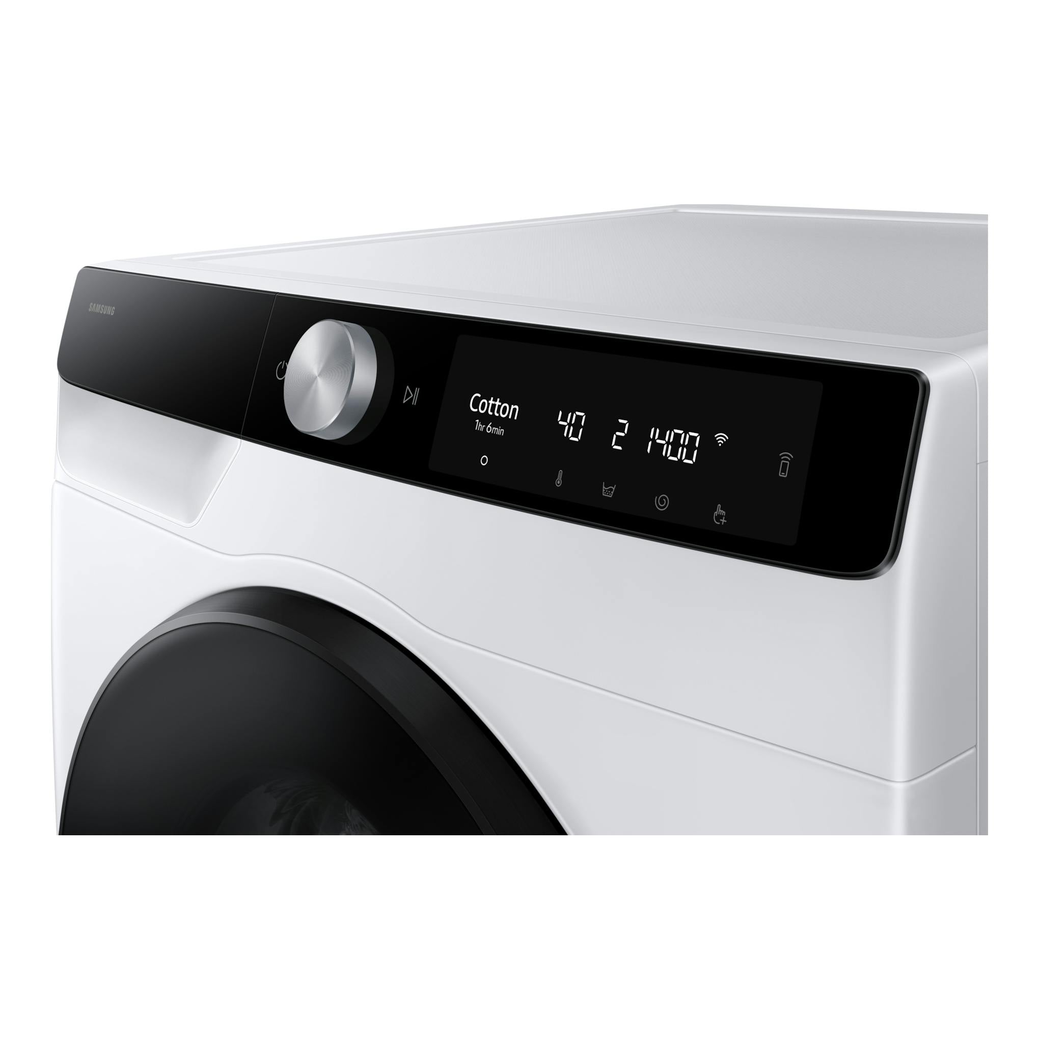 Lavasecadora Samsung blanca, vista frontal parcial, con panel negro, selector giratorio y pantalla digital.