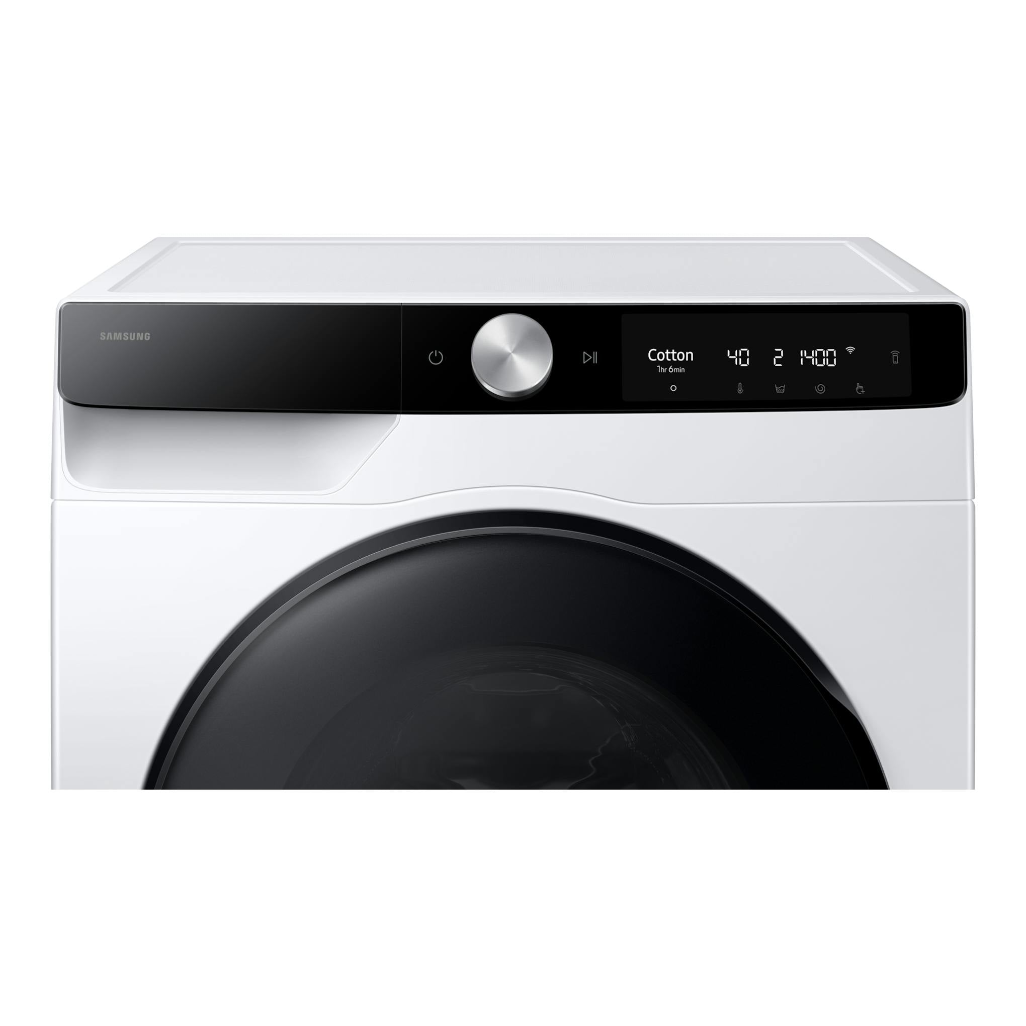 Lavasecadora Samsung WD11DG6B85BKU3 blanca, vista frontal, con panel negro digital y puerta circular negra.