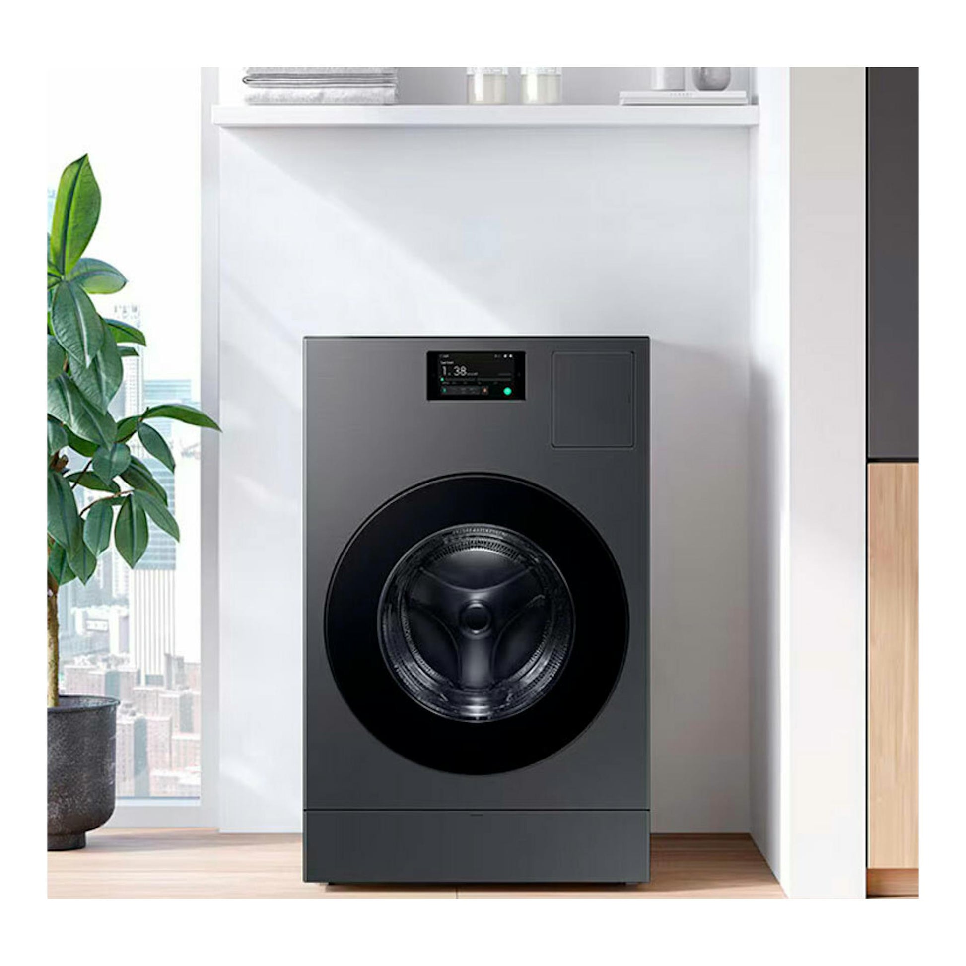 Lavasecadora Samsung WD18DB8995BZT2 gris oscuro, vista frontal, con puerta circular negra.