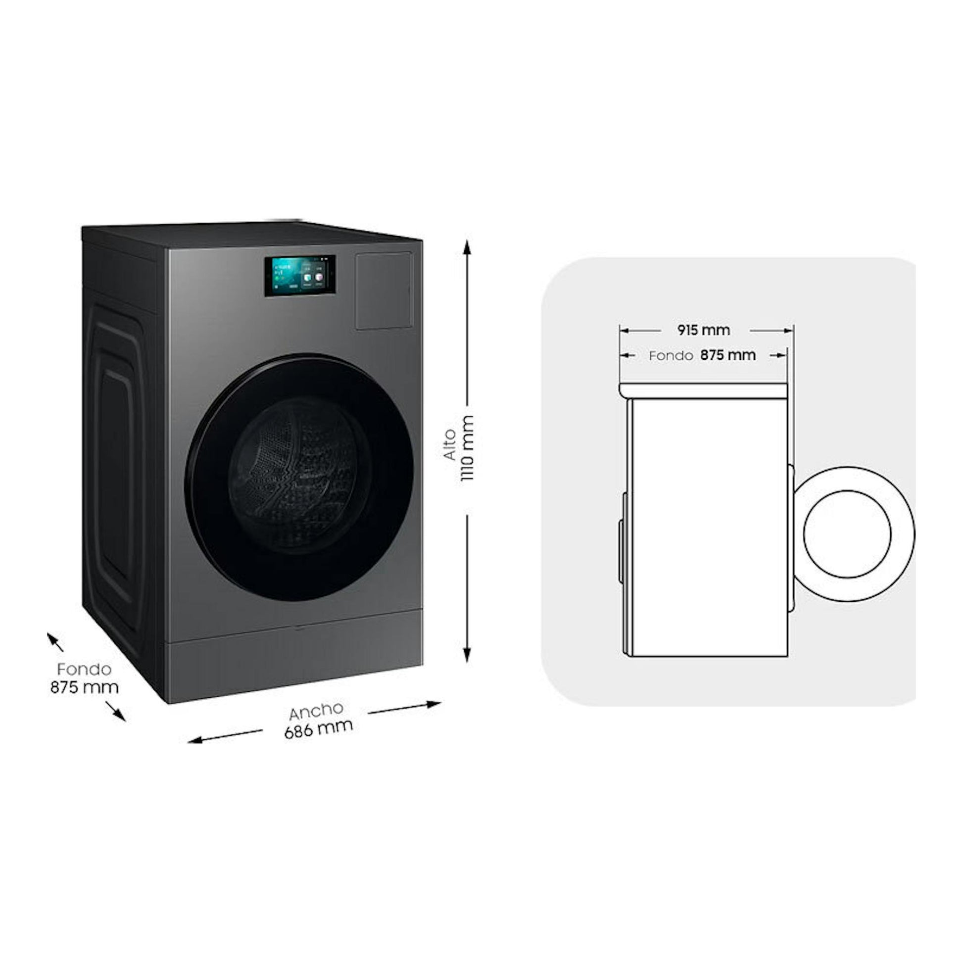 Lavasecadora Samsung WD18DB8995BZT2 negra, vista frontal y lateral con medidas.