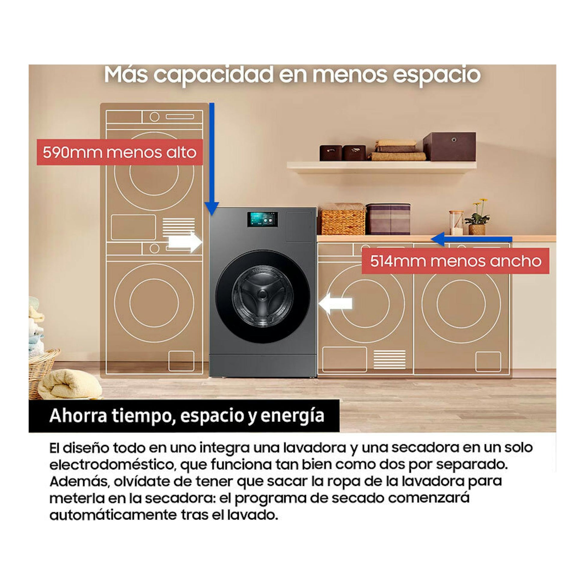 Lavasecadora Samsung WD18DB8995BZT2 gris oscuro, vista frontal, en una estancia con medidas comparativas.