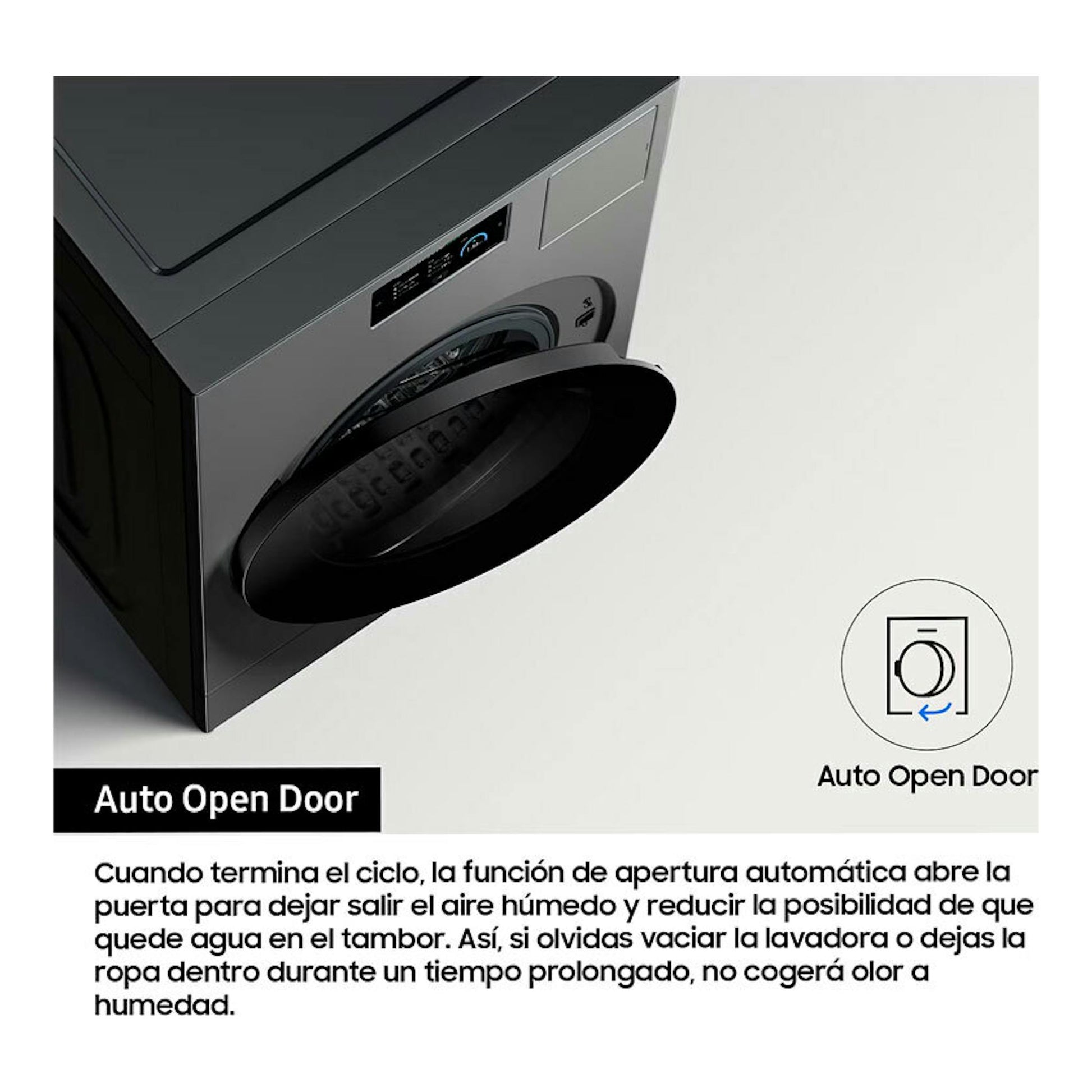 Lavasecadora Samsung WD18DB8995BZT2 negra, vista en ángulo frontal con la puerta abierta.