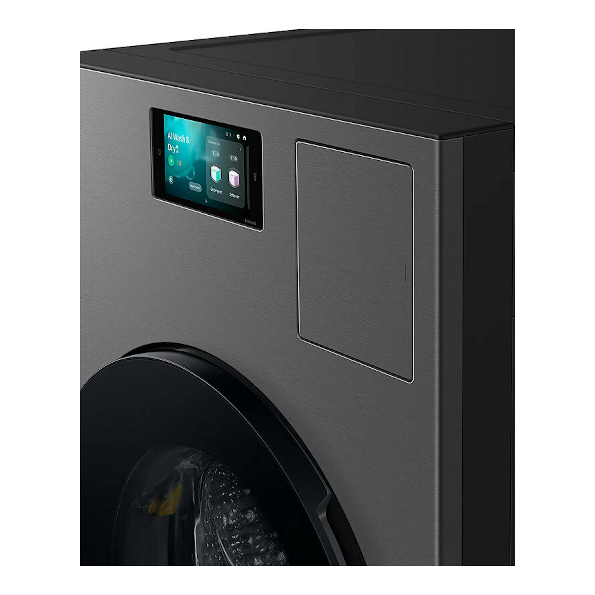 Lavasecadora Samsung WD18DB8995BZT2 gris oscuro, vista frontal en ángulo con pantalla táctil y puerta negra.