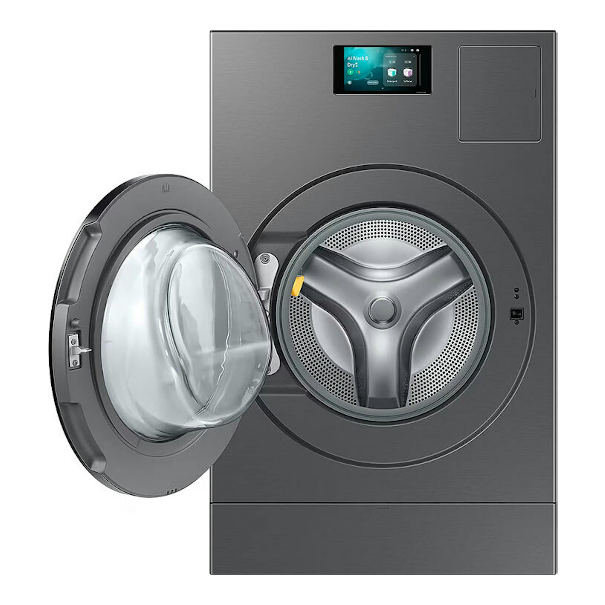 Lavasecadora Samsung WD18DB8995BZT2 gris oscuro, vista frontal con la puerta abierta.