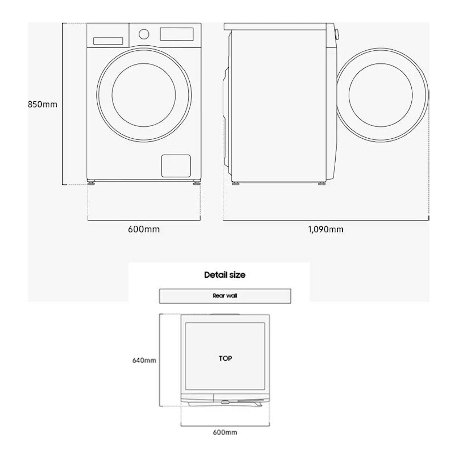 Samsung WD90DG5B15BEEC: esquema técnico de lavasecadora blanca, vistas frontal, lateral y superior con medidas.
