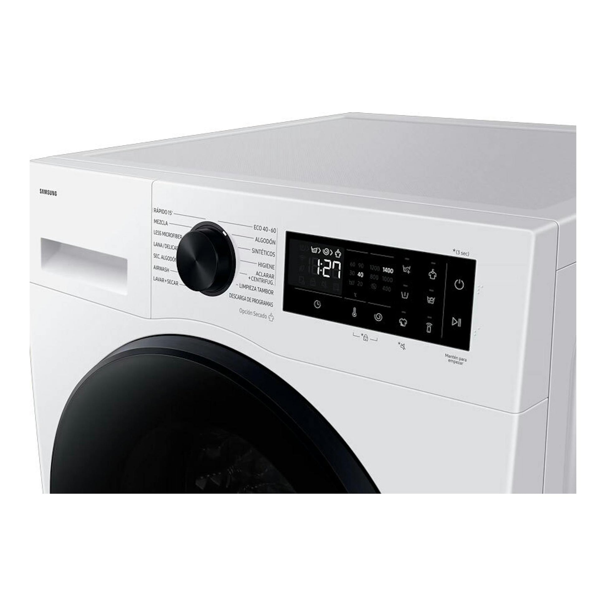 Lavasecadora Samsung WD90DG5B15BEEC blanca, vista frontal en ángulo, con panel negro y selector giratorio.