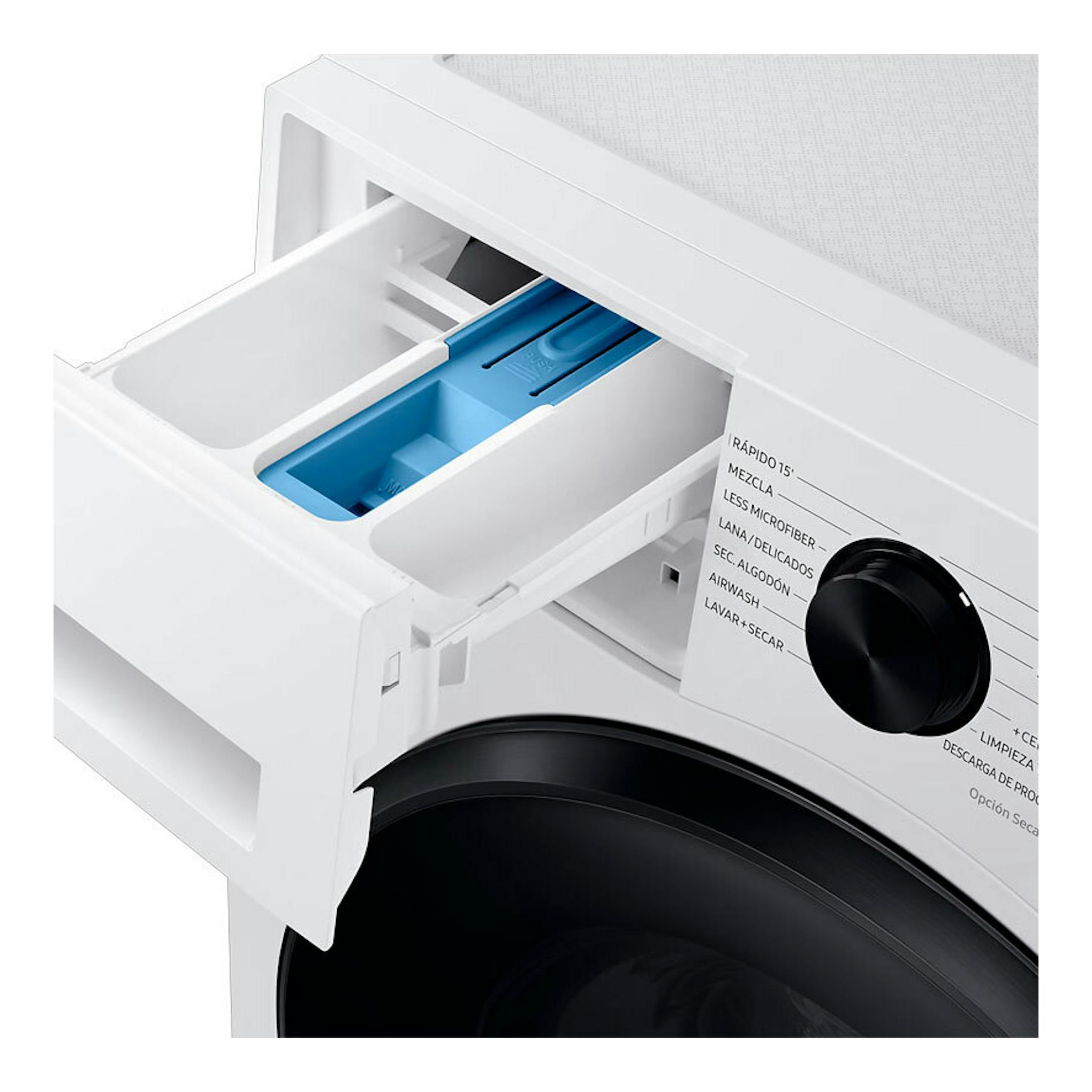 Lavasecadora Samsung WD90DG5B15BEEC blanca, con cajetín de detergente abierto y selector de programas.