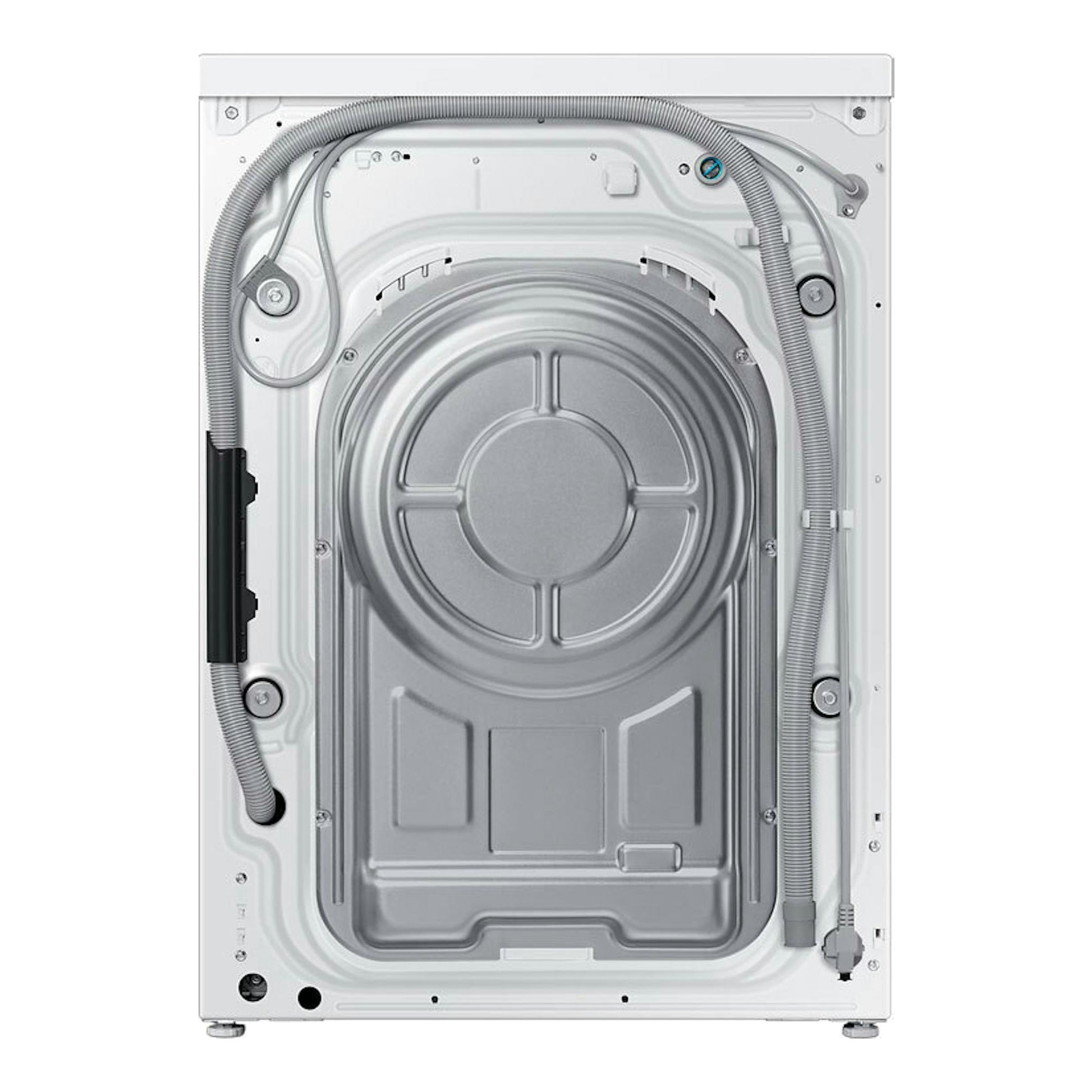 Lavasecadora Samsung WD90DG5B15BEEC blanca, vista trasera con panel posterior y mangueras.
