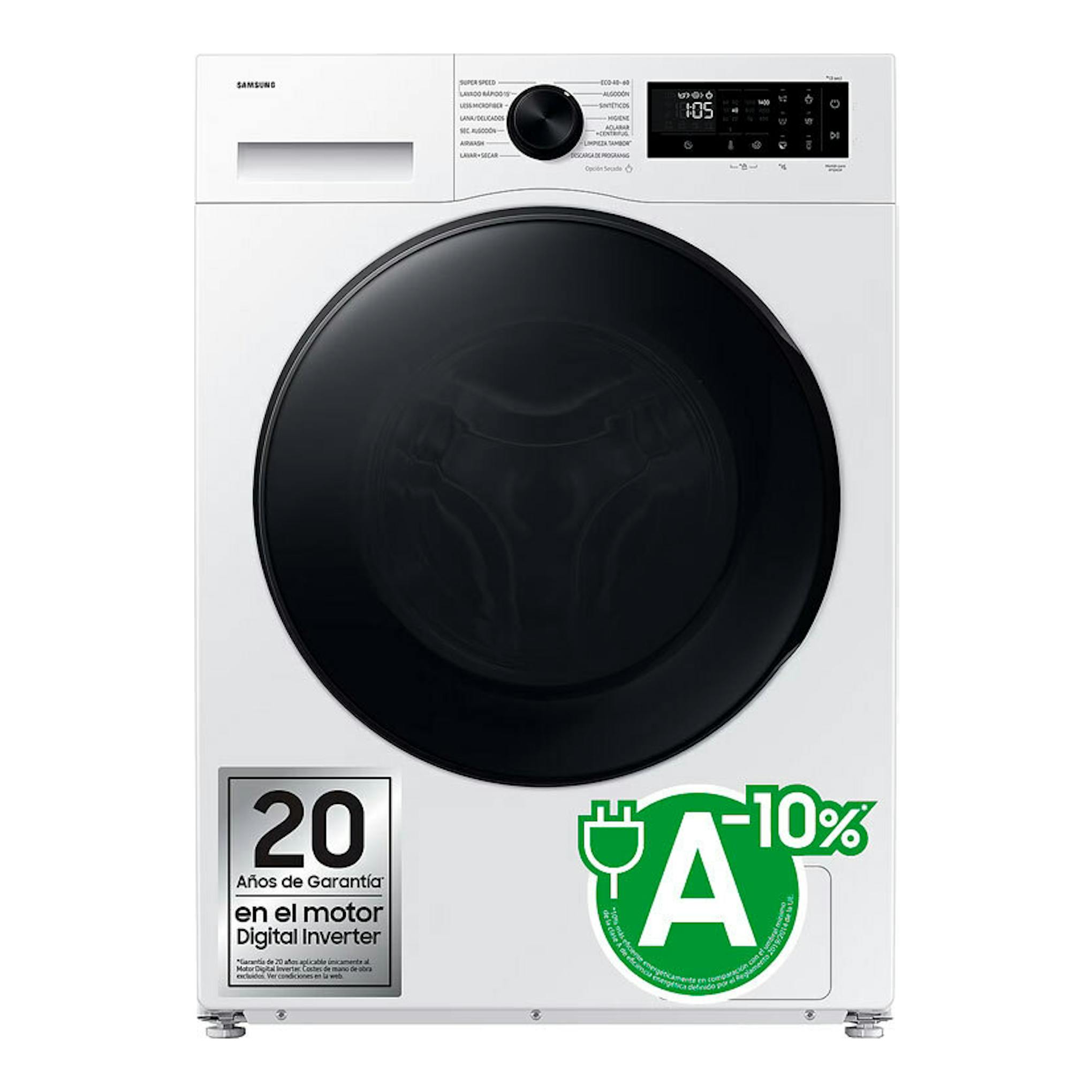 Lavasecadora Samsung WD90DG5G34BEEC blanca, vista frontal, con puerta negra y panel digital superior.