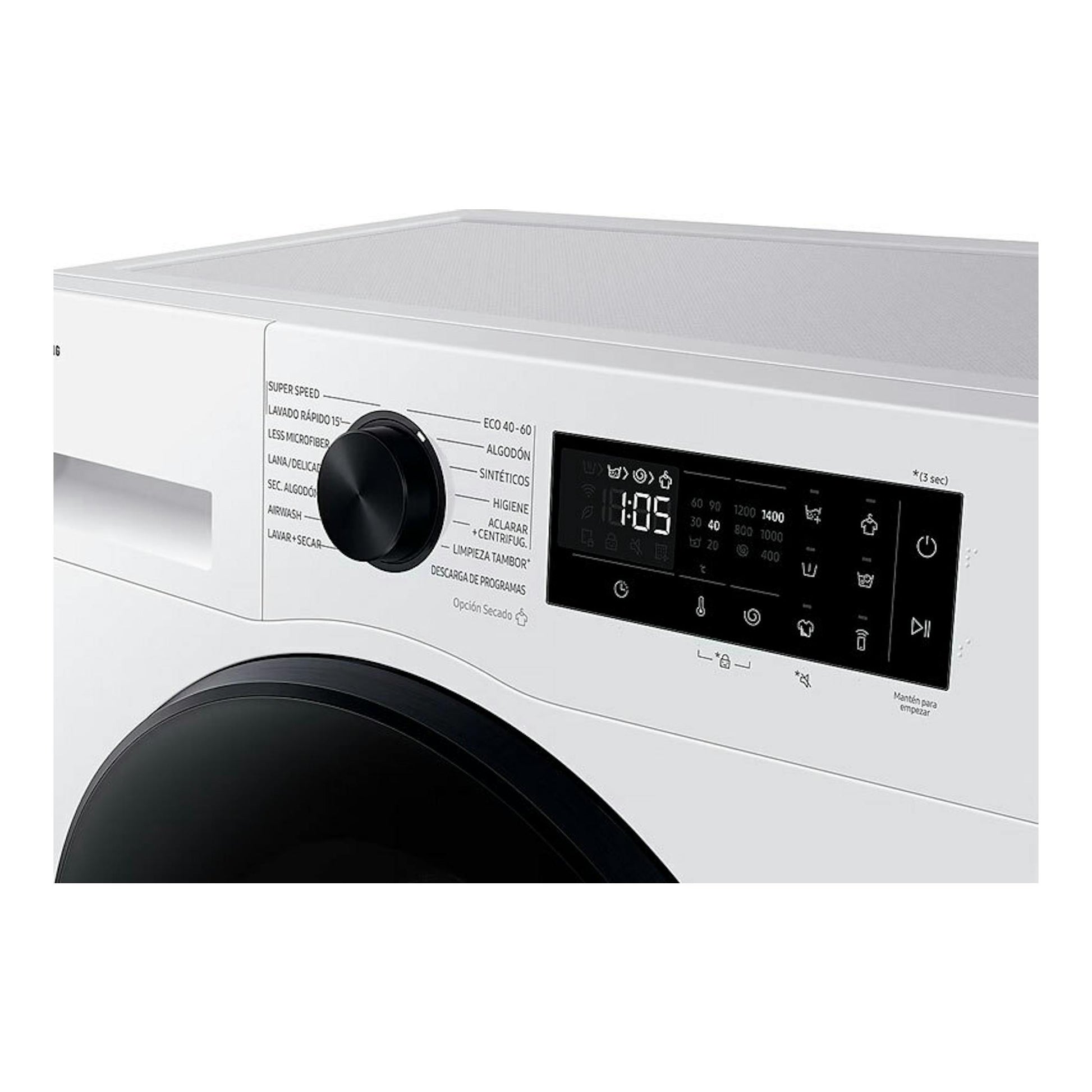 Lavasecadora Samsung WD90DG5G34BEEC blanca, vista frontal en ángulo, con panel negro y selector central.