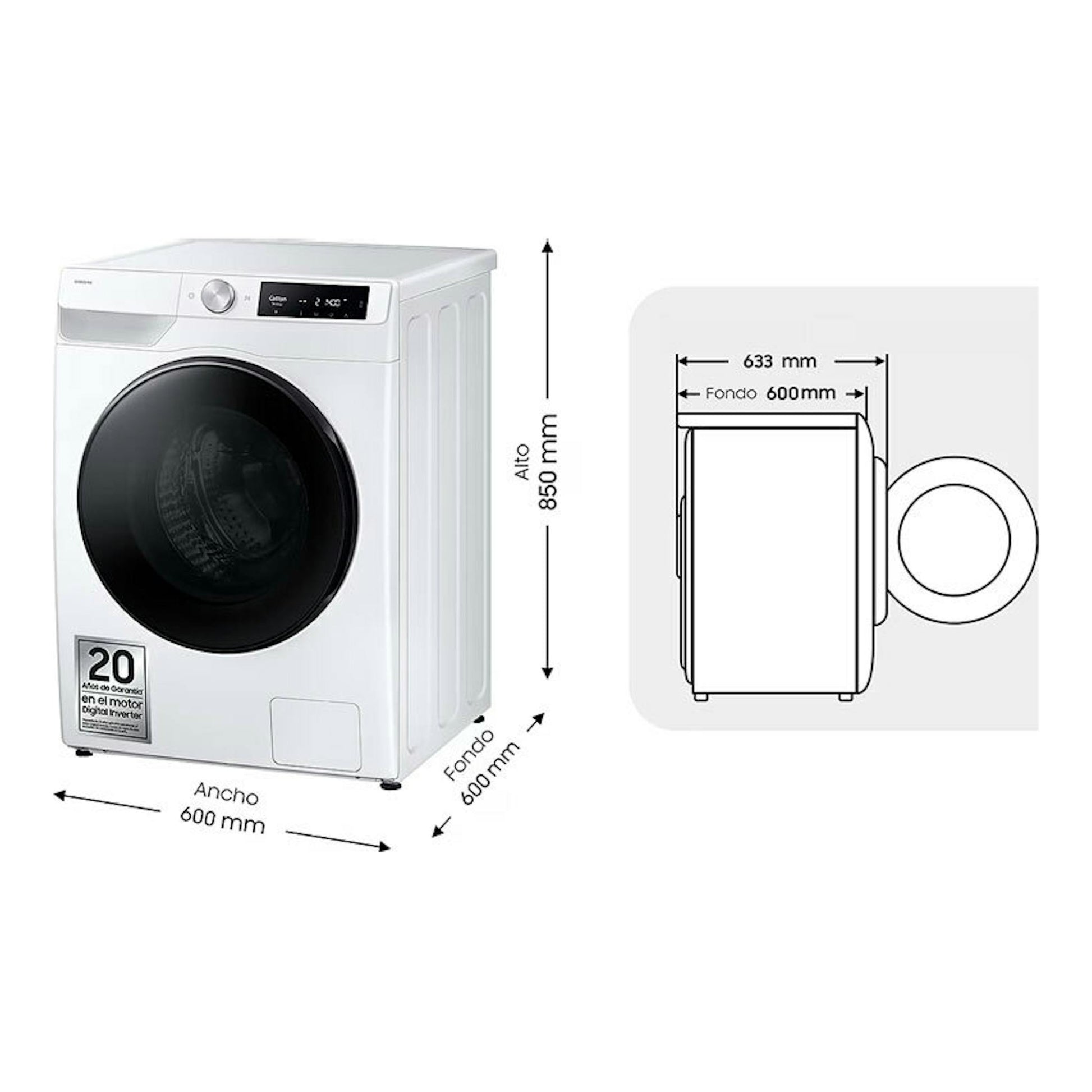 Lavasecadora Samsung WD90DG6B85BEU3 blanca, vista frontal, con puerta negra y medidas 600x850x600 mm.