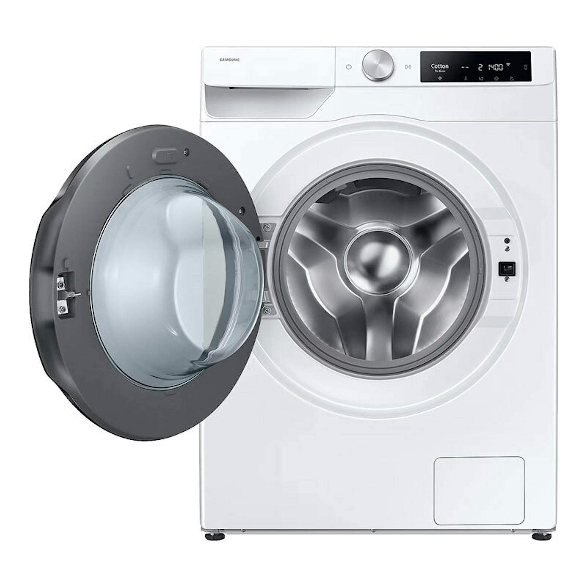 Lavasecadora Samsung WD90DG6B85BEU3 blanca, vista frontal, con puerta redonda abierta y panel digital superior.