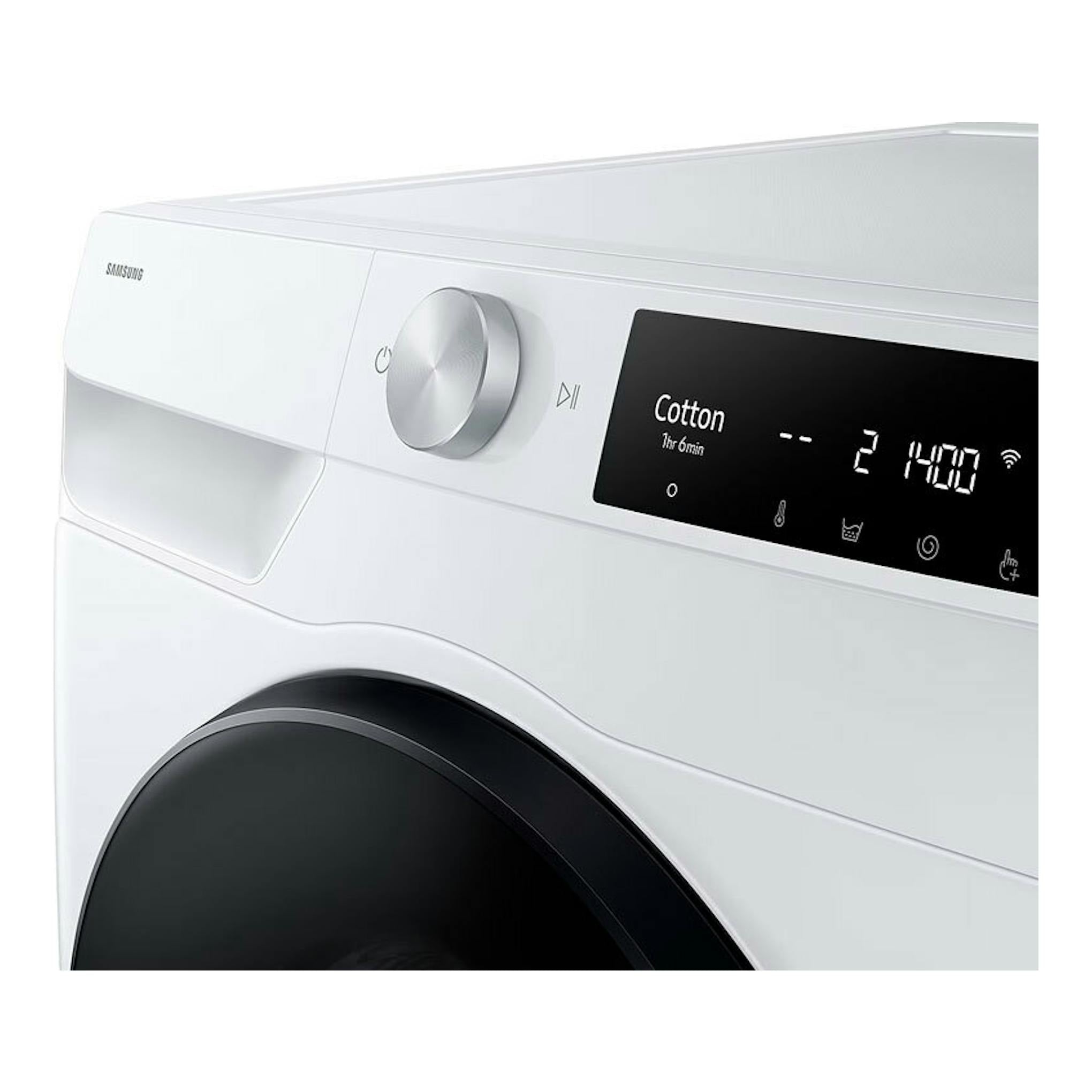 Lavasecadora Samsung WD90DG6B85BEU3 blanca, vista frontal en ángulo, con puerta negra y panel digital.