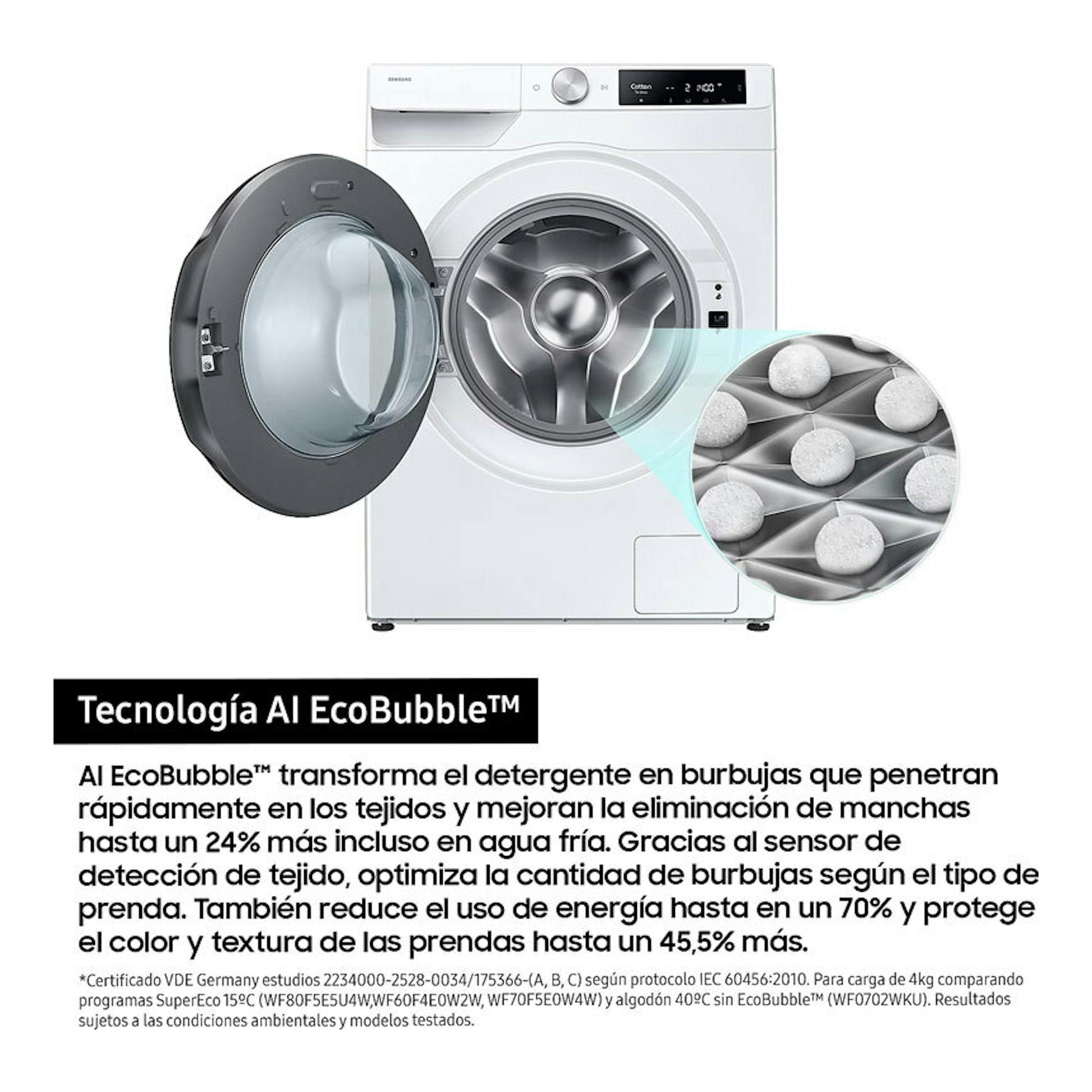 Lavasecadora Samsung WD90DG6B85BEU3 blanca, vista frontal, con puerta abierta y detalle de tambor.