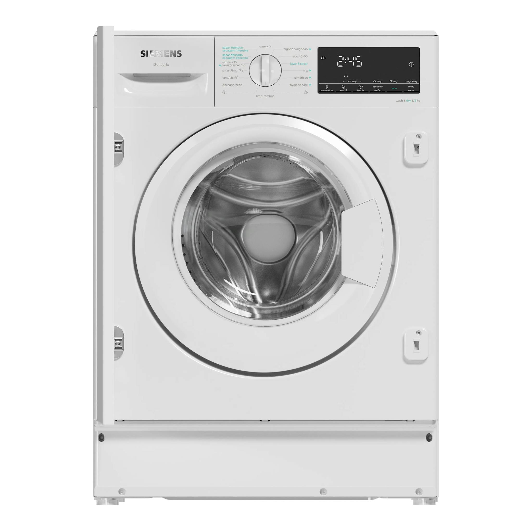 Lavasecadora integrable Siemens WK14D490ES blanca, vista frontal, con puerta circular y panel digital.