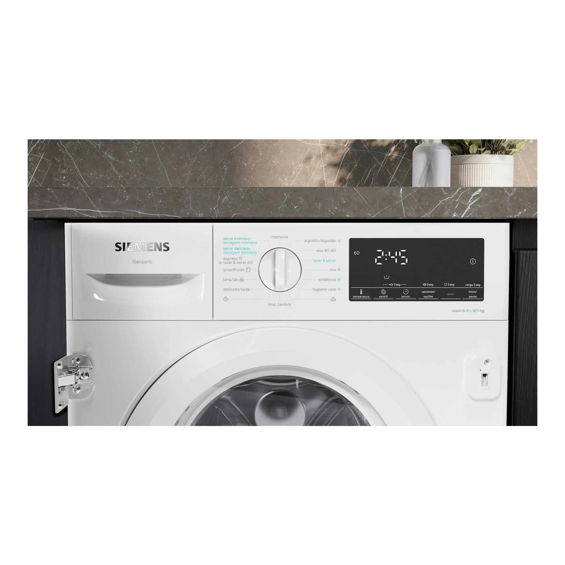 Lavasecadora Siemens WK14D490ES blanca, vista frontal integrada, panel digital y selector central.